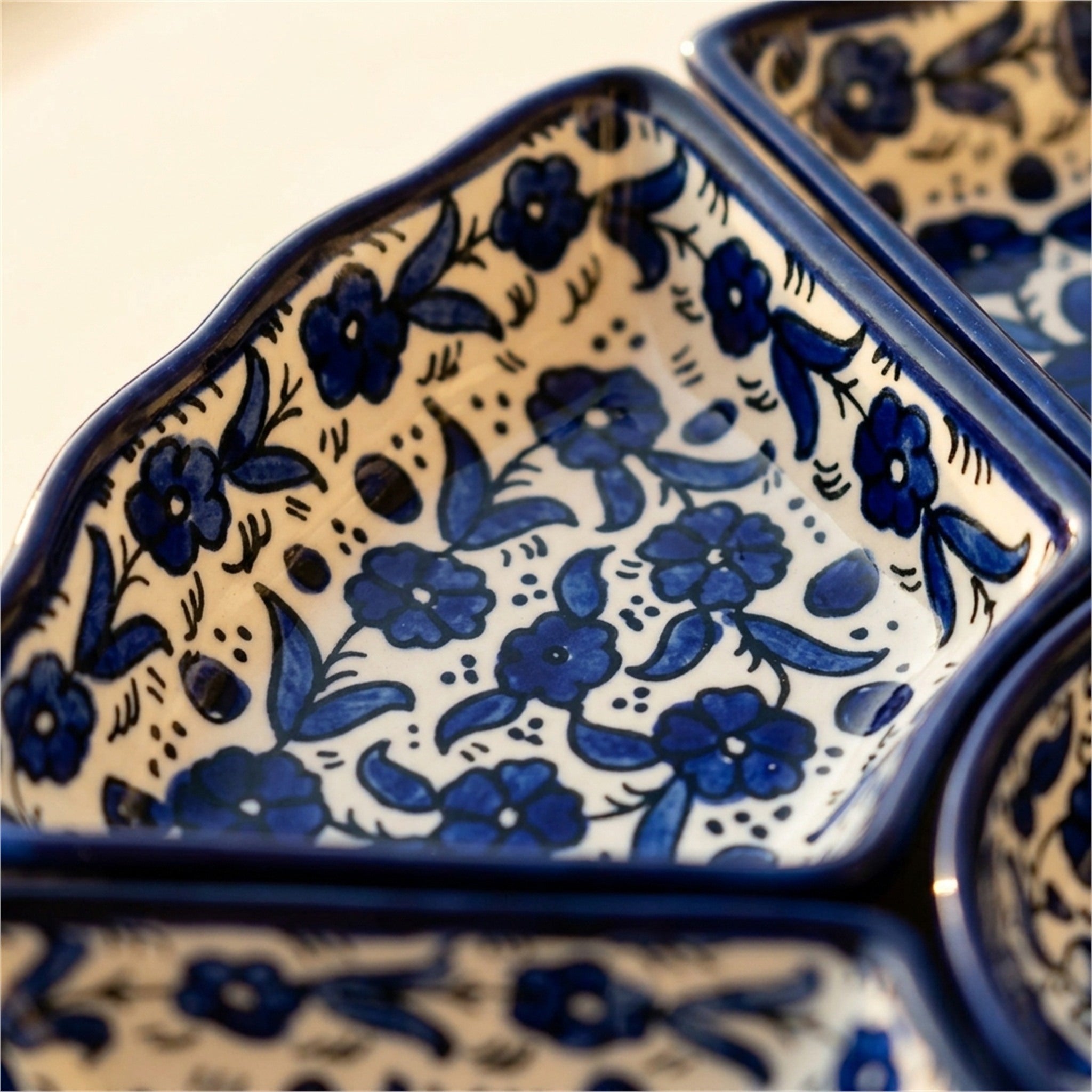 Hand-Painted Ceramic 7-Piece Serving Set 12.6 Inch in Indigo, close-up of the hand-painted detail
