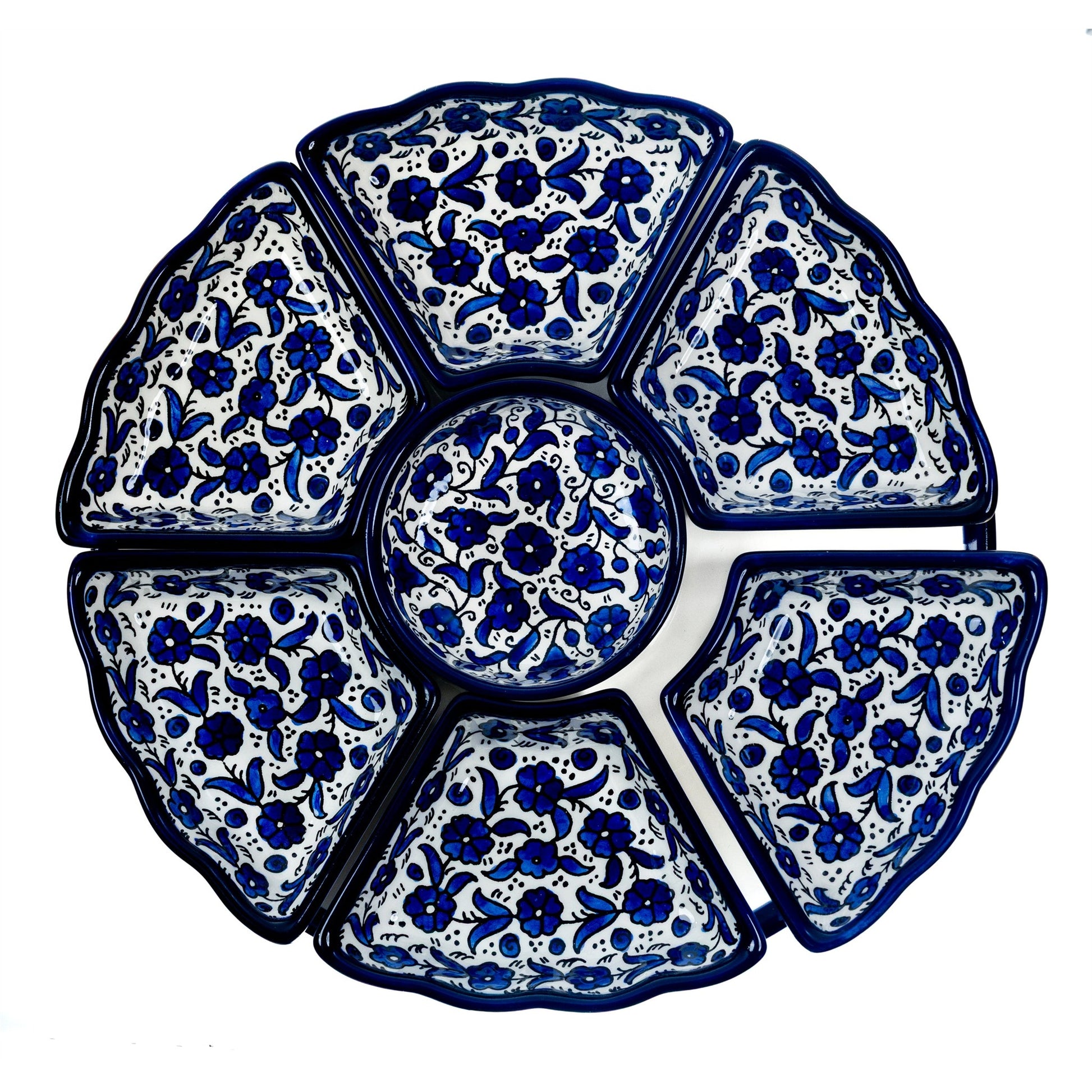 Hand-Painted Ceramic 7-Piece Serving Set 12.6 Inch in Indigo, seen from above