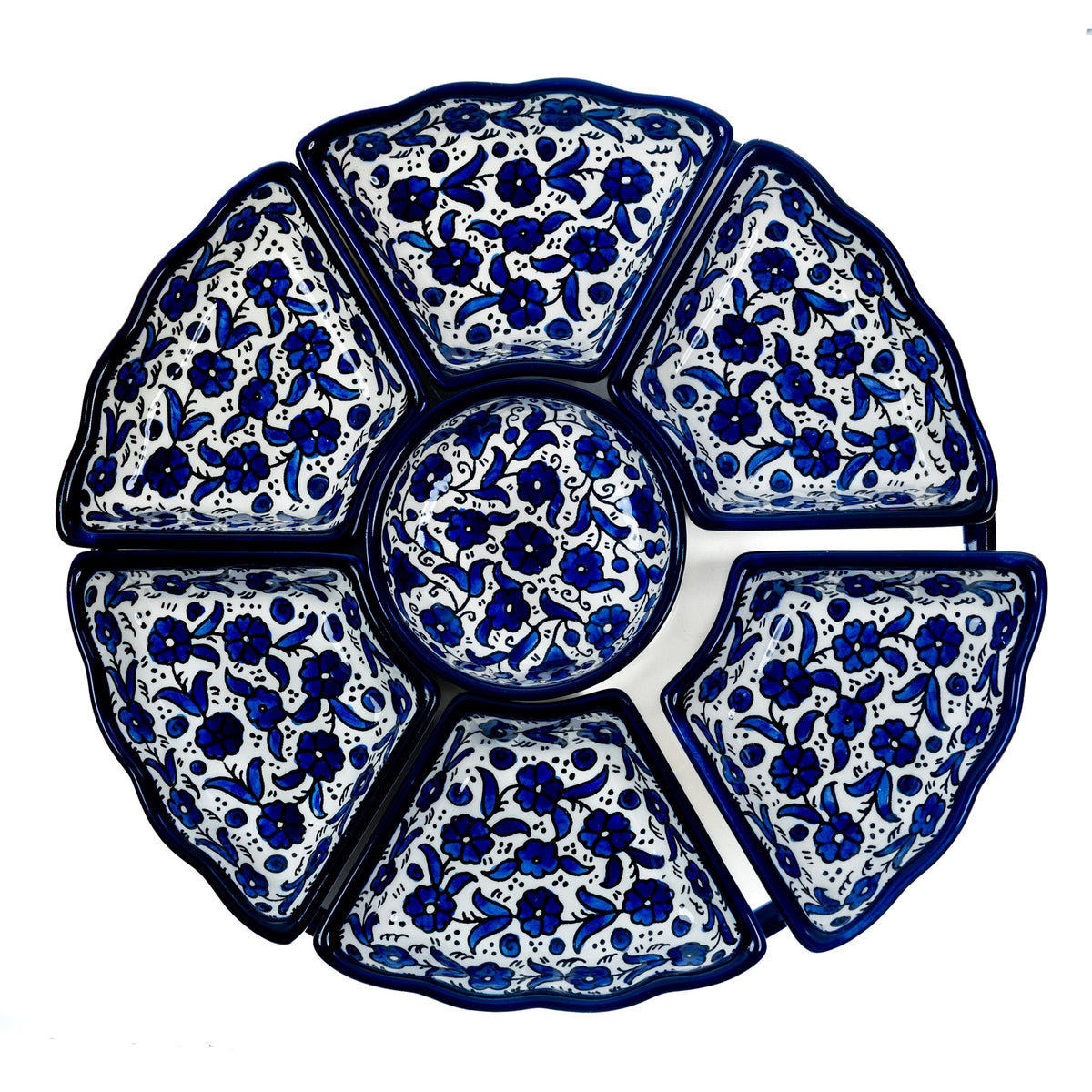 Hand-Painted Ceramic 7-Piece Serving Set 12.6 Inch in Indigo, seen from above