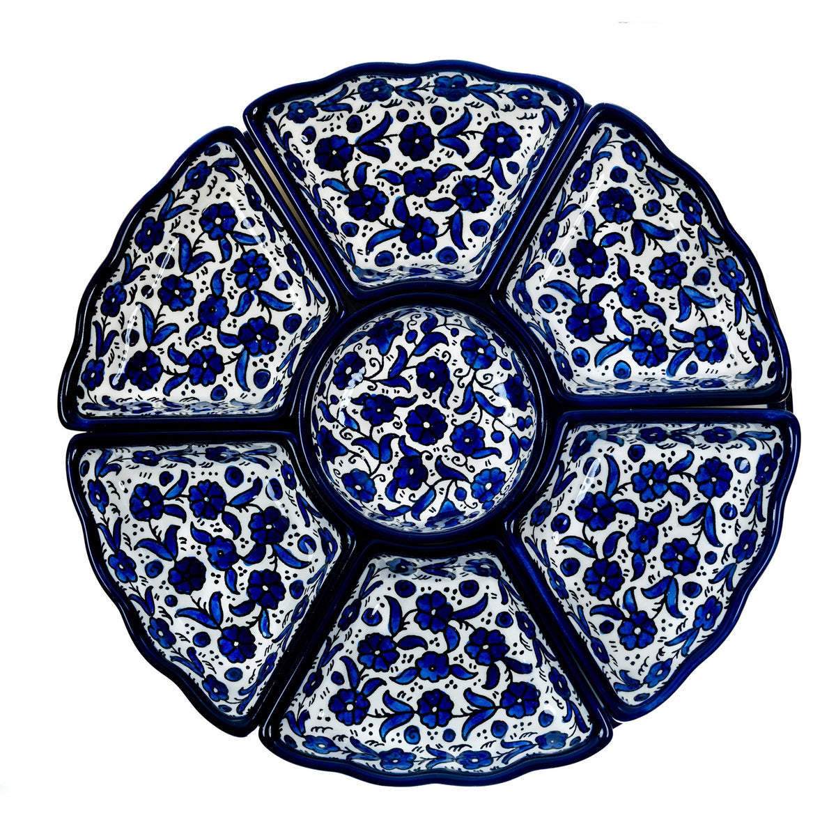 Hand-Painted Ceramic 7-Piece Serving Set 12.6 Inch in Indigo, seen from above