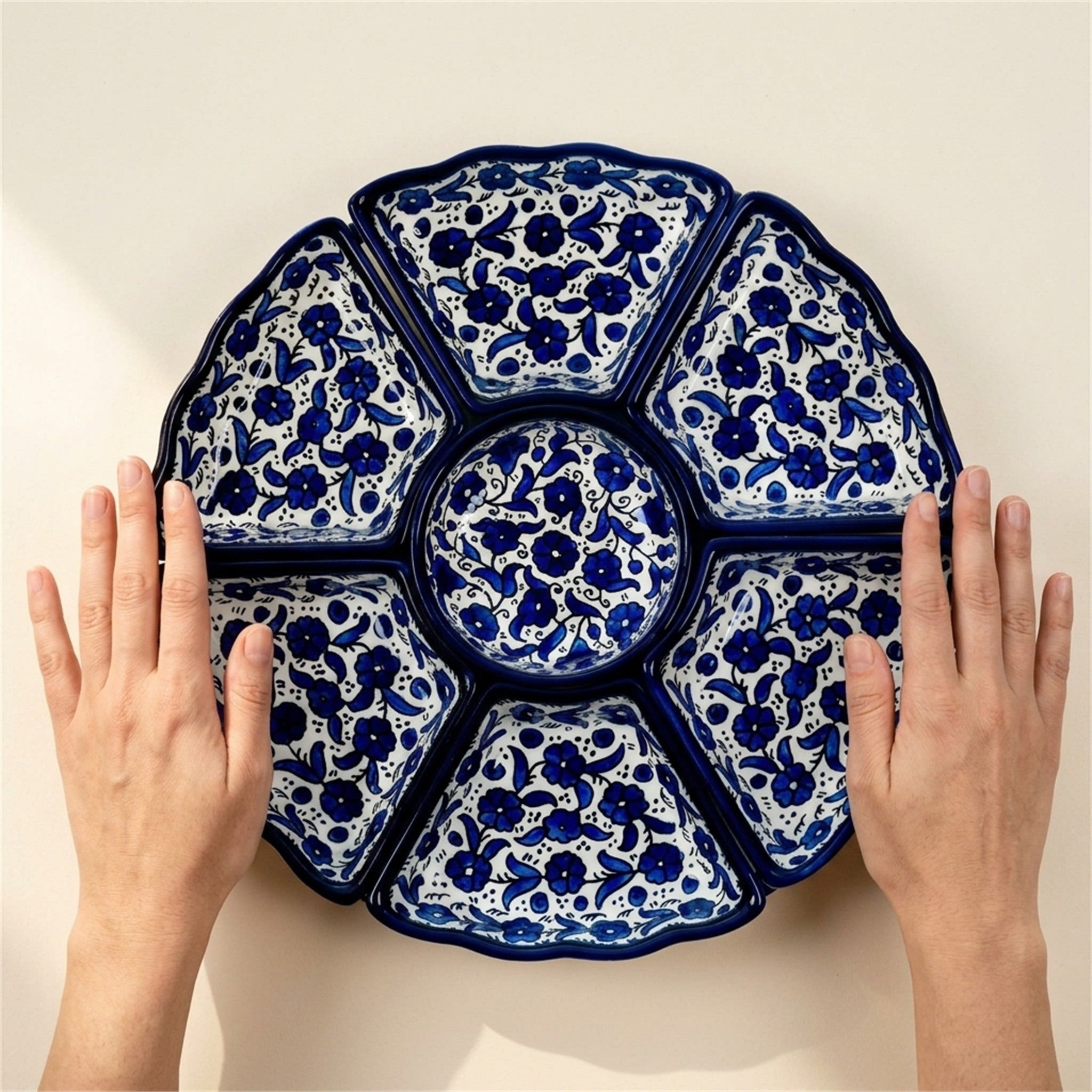 Hand-Painted Ceramic 7-Piece Serving Set 12.6 Inch in Indigo, held in hands to show scale