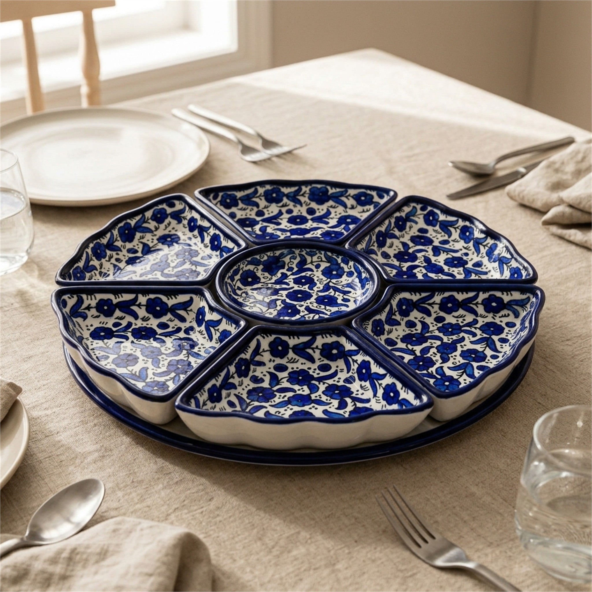 Hand-Painted Ceramic 7-Piece Serving Set 12.6 Inch in Indigo, styled on a set table