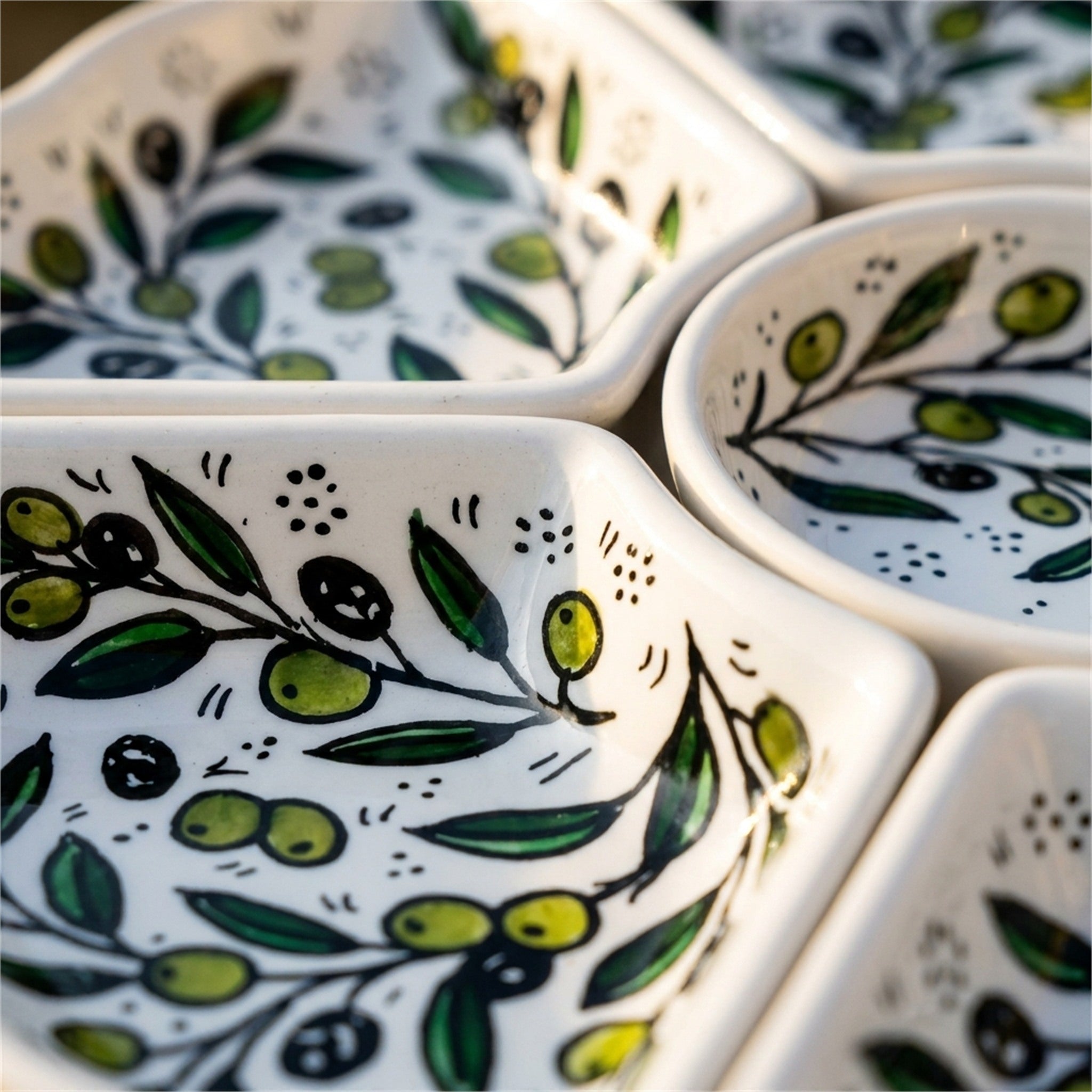 Hand-Painted Ceramic 7-Piece Serving Set 12.6 Inch in Olive Green, close-up of the hand-painted detail