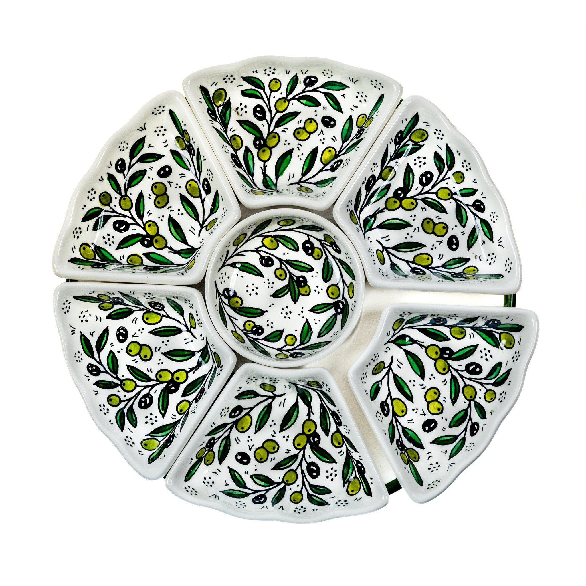 Hand-Painted Ceramic 7-Piece Serving Set 12.6 Inch in Olive Green, seen from above