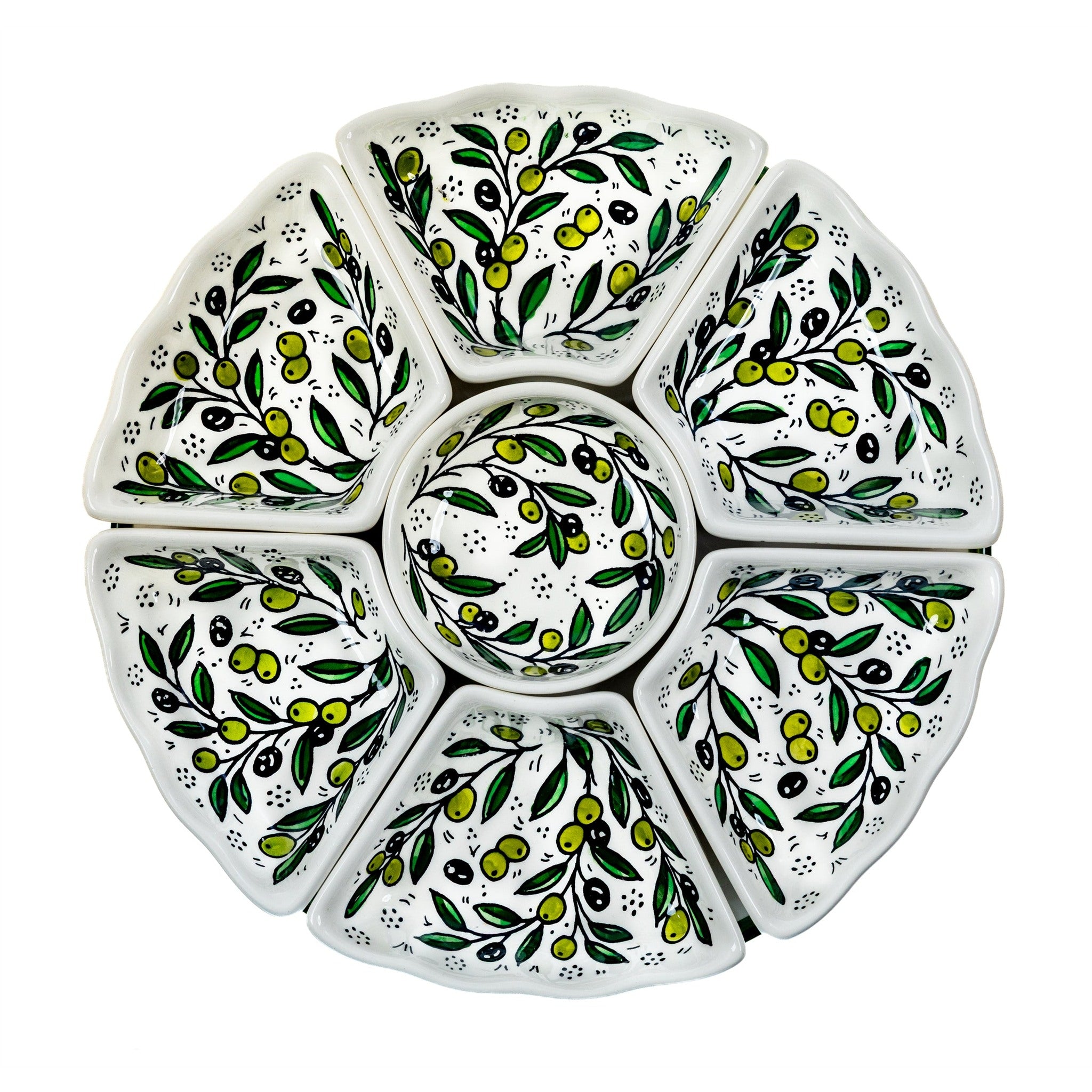 Hand-Painted Ceramic 7-Piece Serving Set 12.6 Inch in Olive Green, seen from above