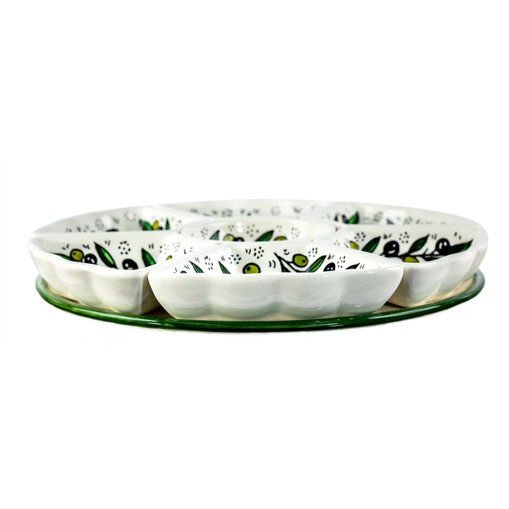 Hand-Painted Ceramic 7-Piece Serving Set 12.6 Inch in Olive Green, side view