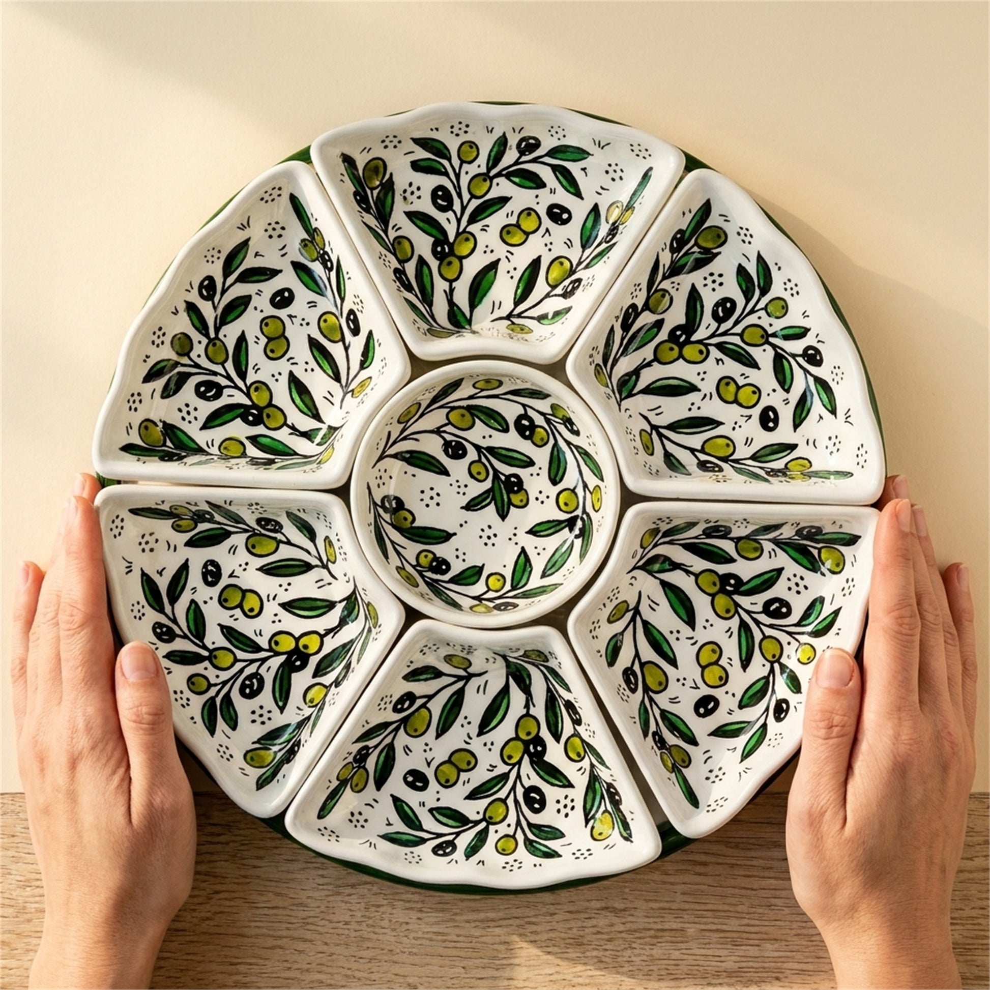 Hand-Painted Ceramic 7-Piece Serving Set 12.6 Inch in Olive Green, held in hands to show scale