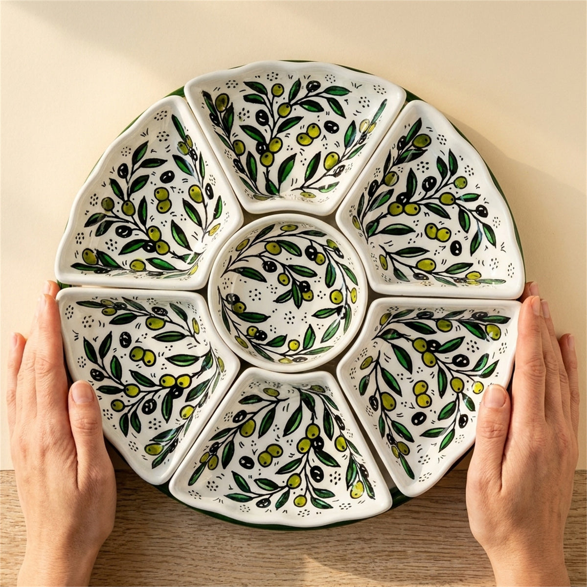 Hand-Painted Ceramic 7-Piece Serving Set 12.6 Inch in Olive Green, held in hands to show scale