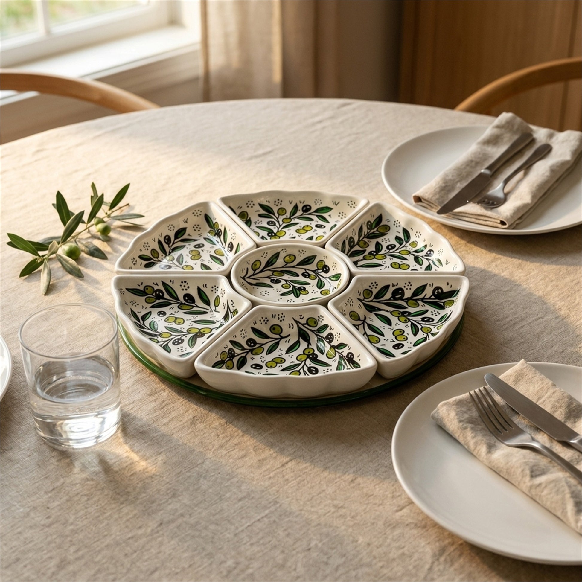 Hand-Painted Ceramic 7-Piece Serving Set 12.6 Inch in Olive Green, styled on a set table