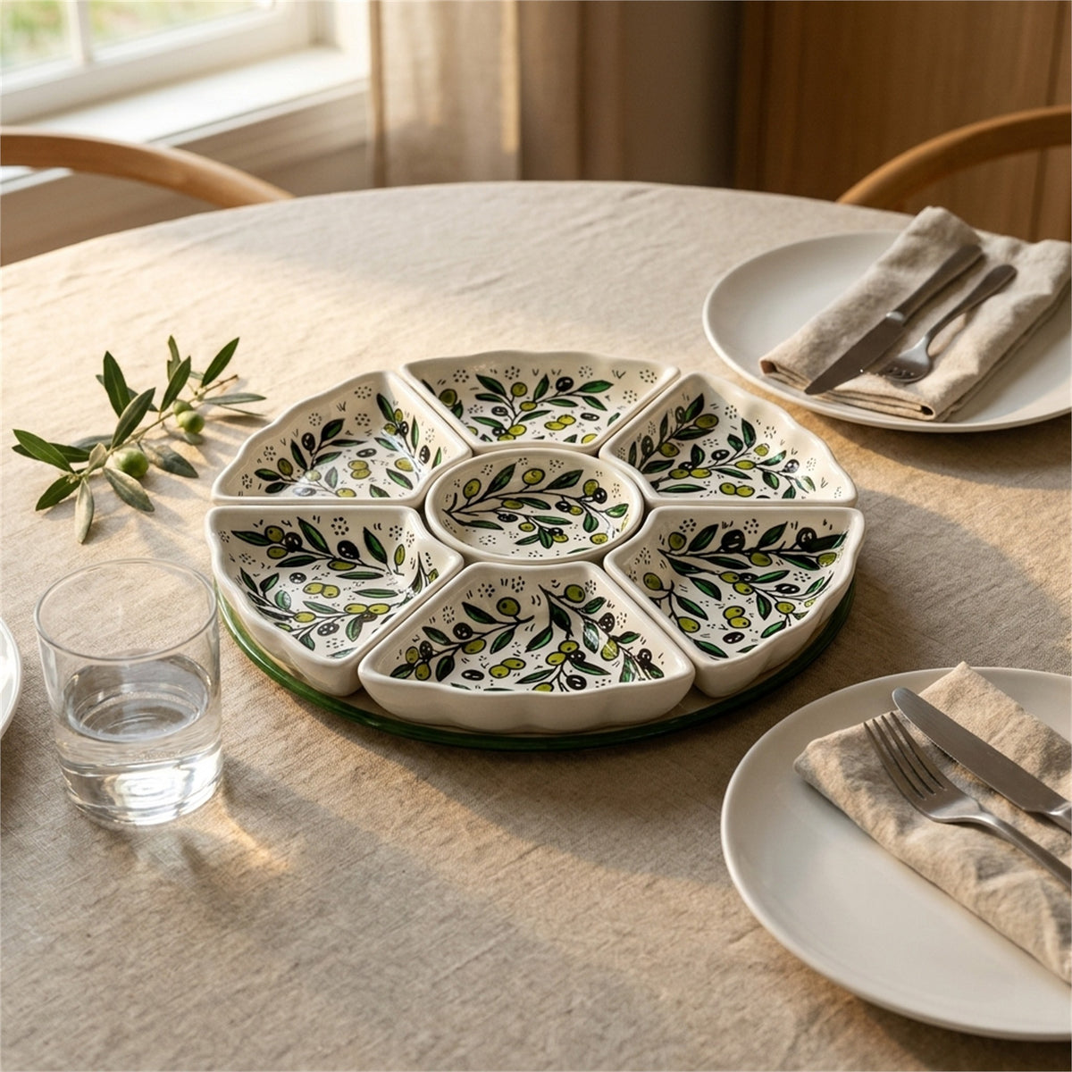 Hand-Painted Ceramic 7-Piece Serving Set 12.6 Inch in Olive Green, styled on a set table