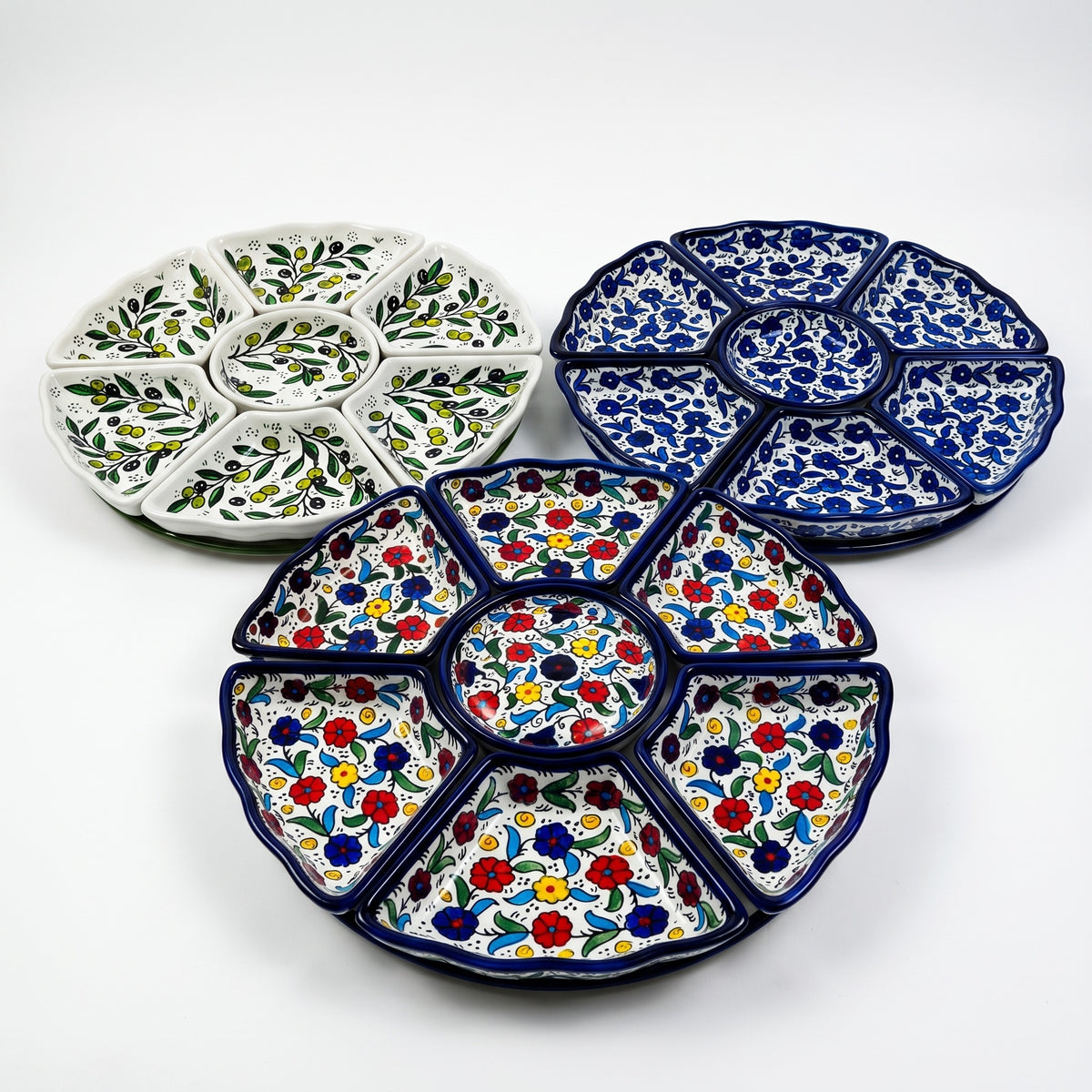 Hand-Painted Ceramic 7-Piece Serving Set 12.6 Inch shown in all three hand-painted patterns