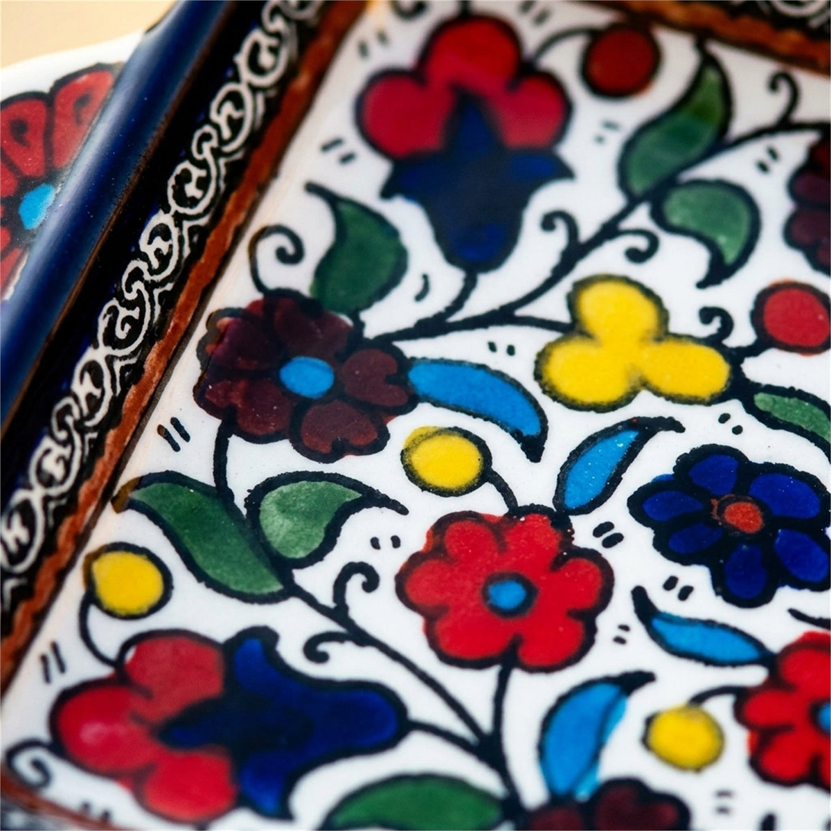 Handled Serving Dish 6.3 Inch in Floral, close-up of the hand-painted detail