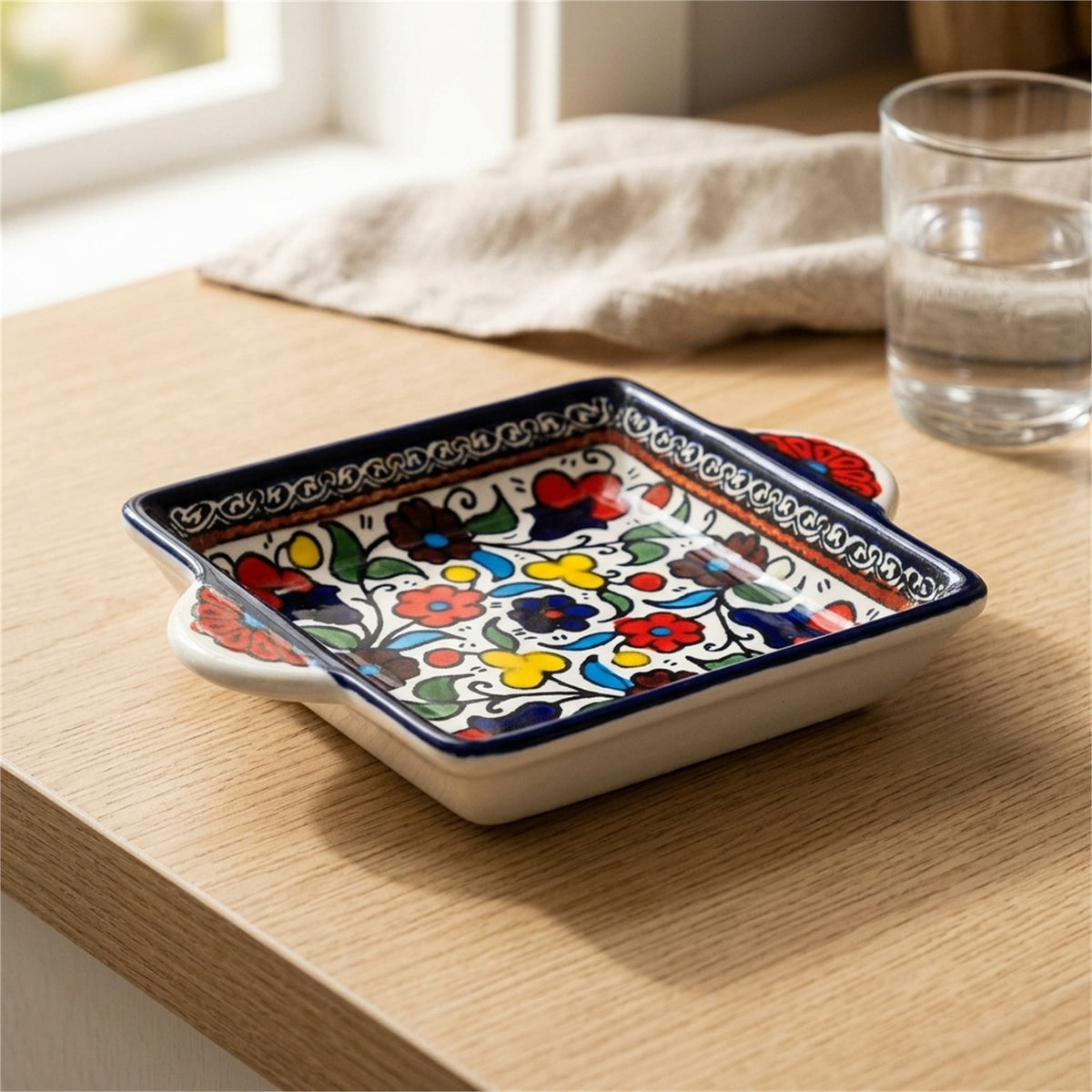 Handled Serving Dish 6.3 Inch in Floral, styled on a set table