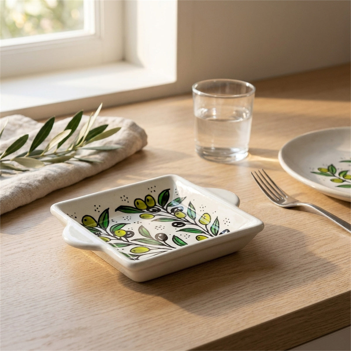 Handled Serving Dish 6.3 Inch in Olive Green, styled on a set table