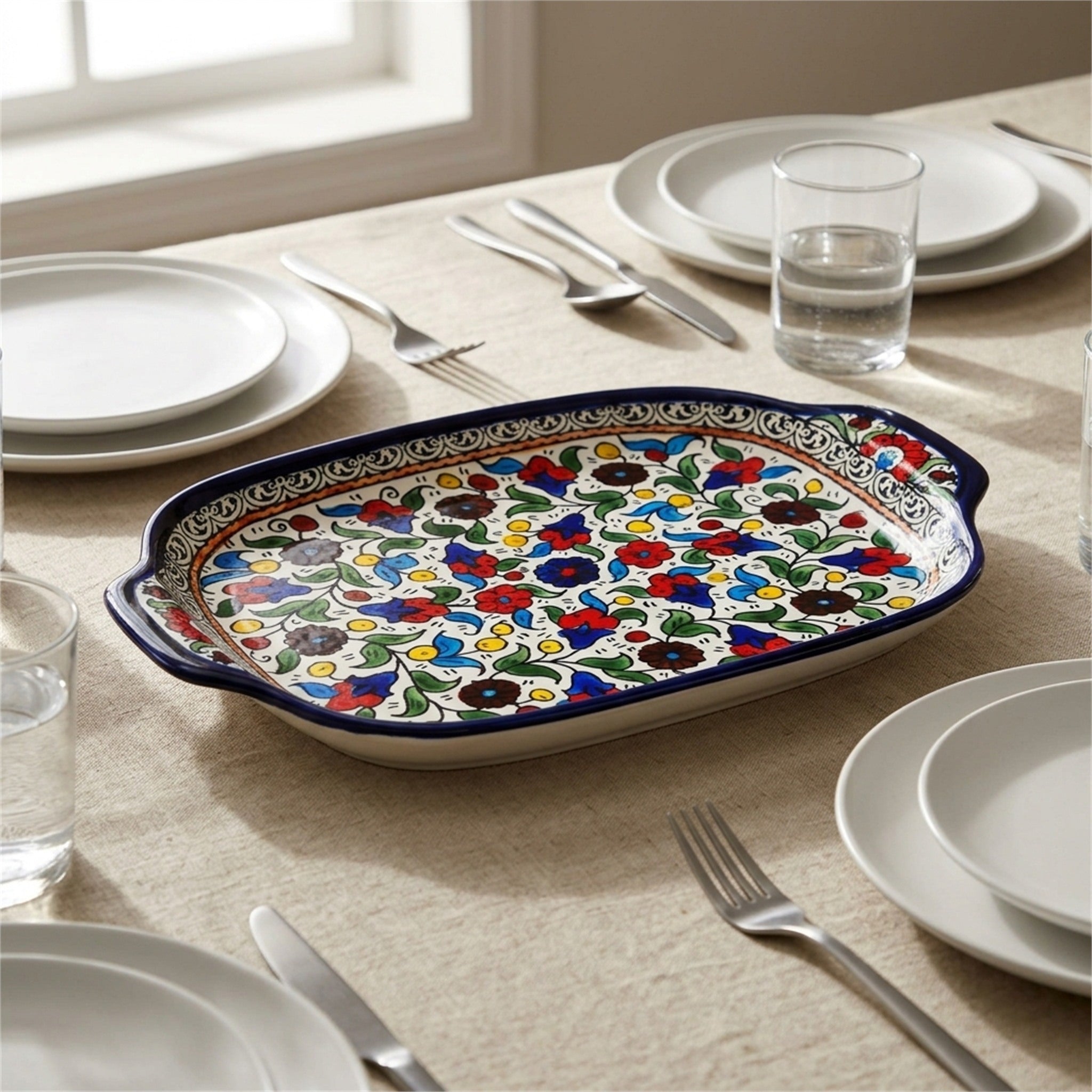 Handled Serving Platter 11.81 Inch in Floral, styled on a set table