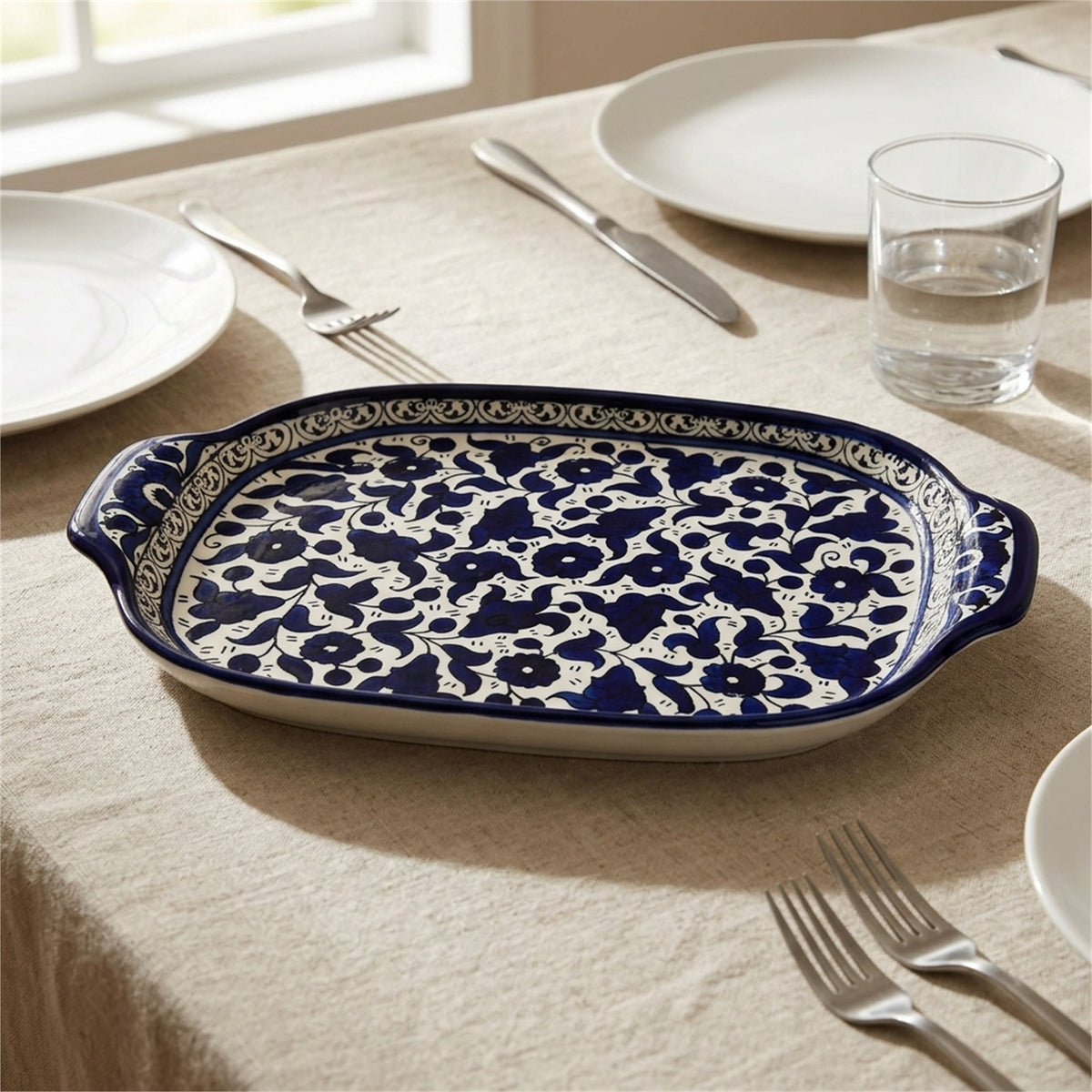 Handled Serving Platter 11.81 Inch in Indigo, styled on a set table