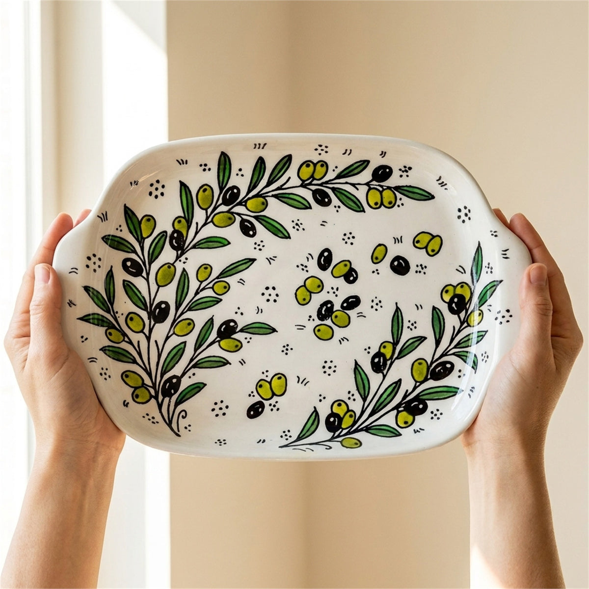 Handled Serving Platter 11.81 Inch in Olive Green, held in hands to show scale