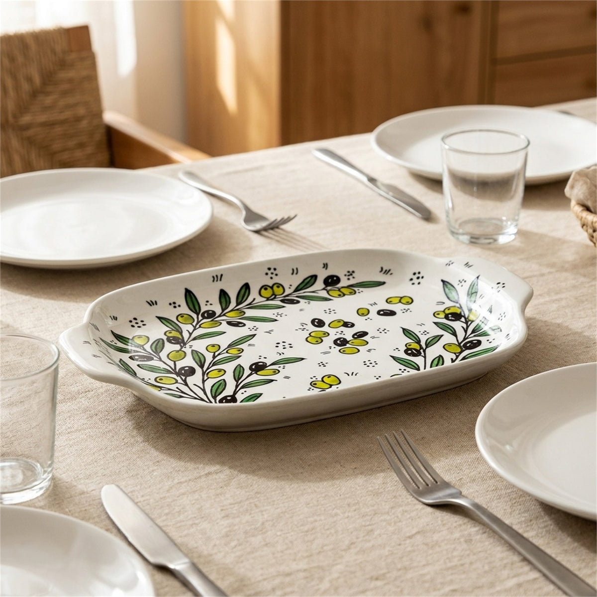 Handled Serving Platter 11.81 Inch in Olive Green, styled on a set table