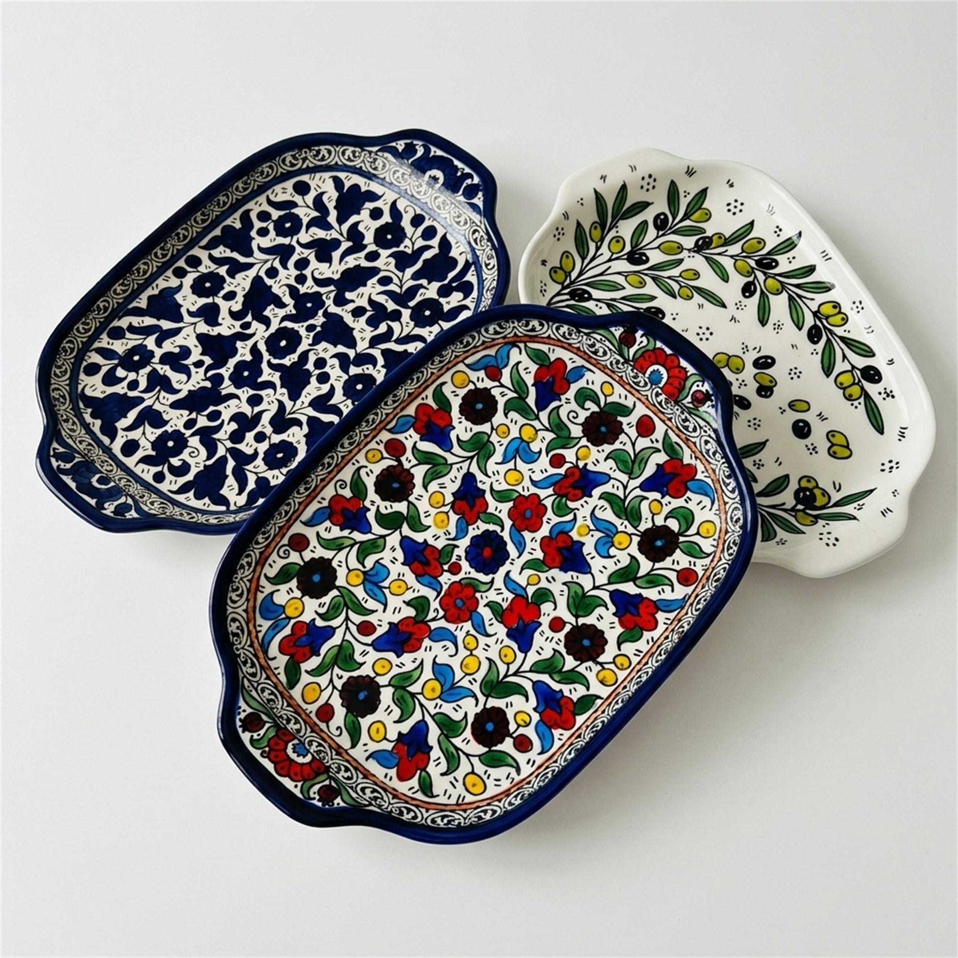 Handled Serving Platter 11.81 Inch shown in all three hand-painted patterns