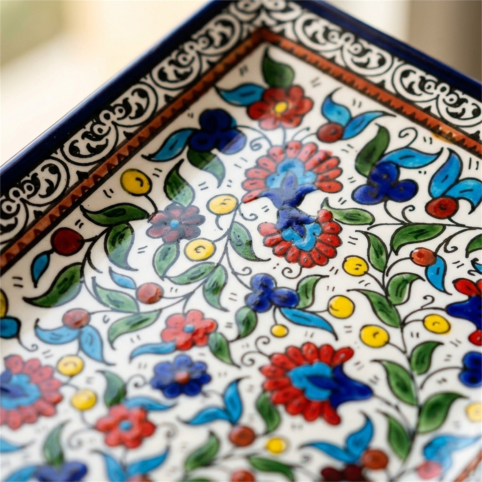 Rectangular Serving Platter 12.6 Inch in Floral, close-up of the hand-painted detail