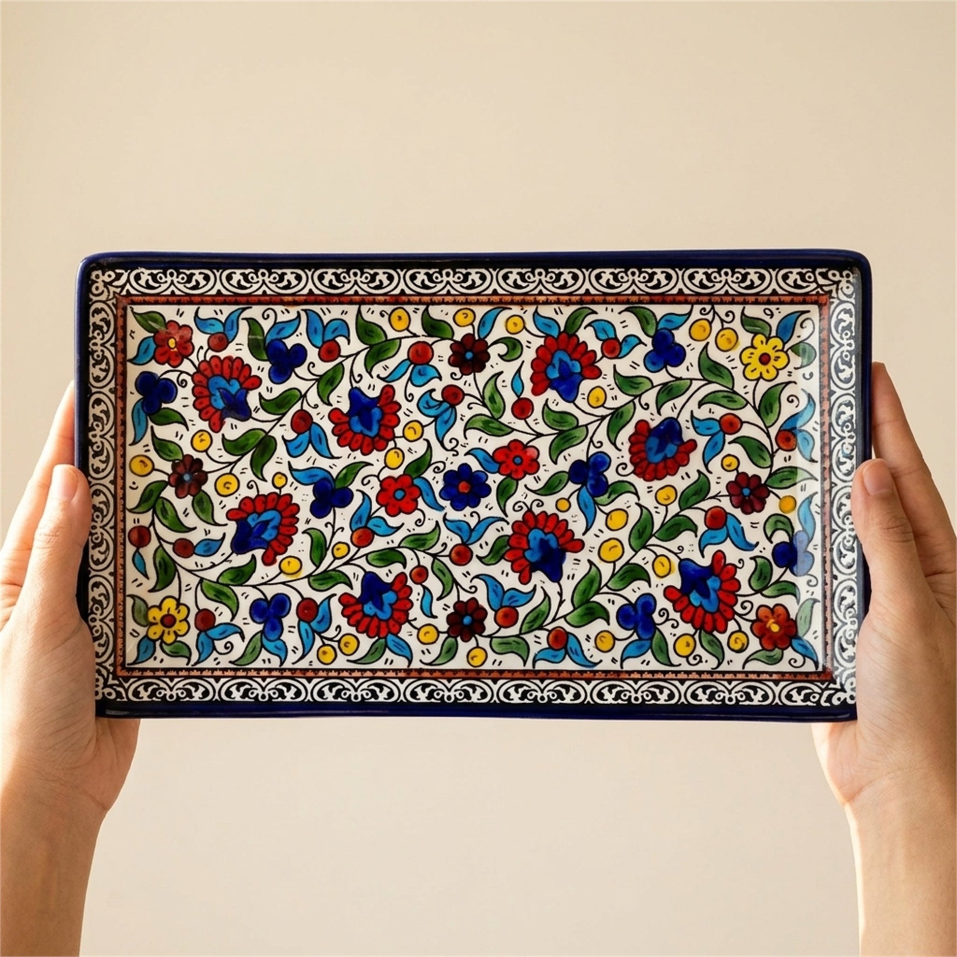 Rectangular Serving Platter 12.6 Inch in Floral, held in hands to show scale