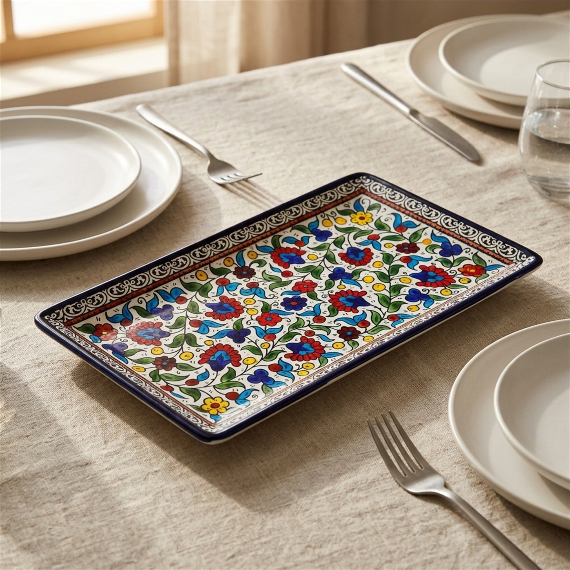 Rectangular Serving Platter 12.6 Inch in Floral, styled on a set table