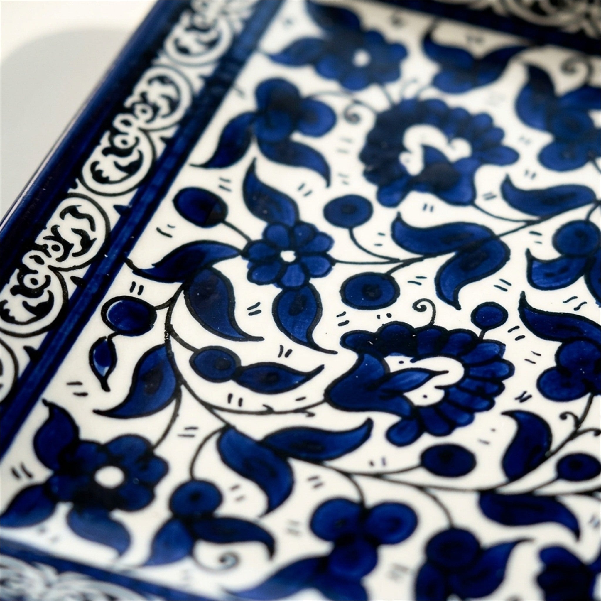 Rectangular Serving Platter 12.6 Inch in Indigo, close-up of the hand-painted detail