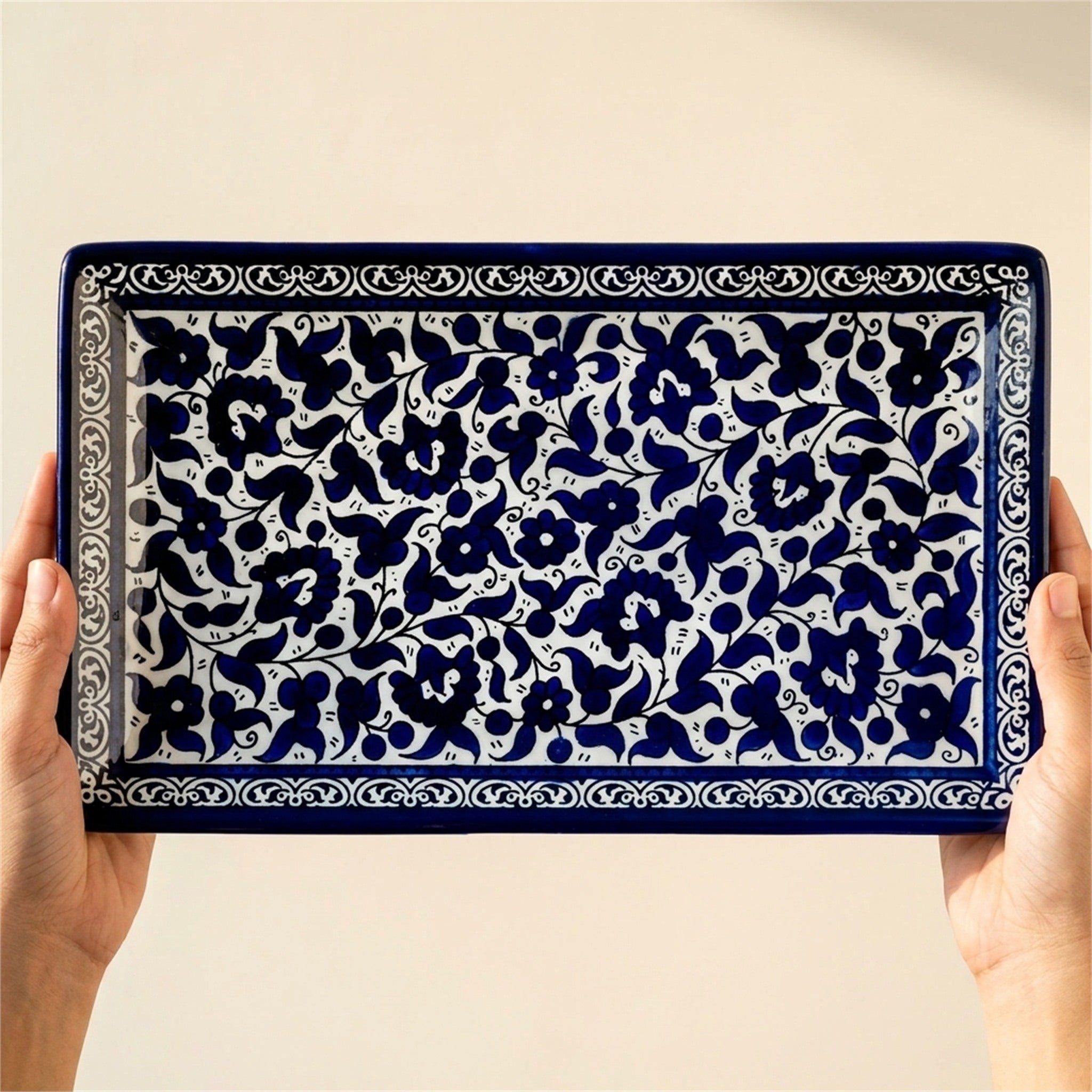 Rectangular Serving Platter 12.6 Inch in Indigo, held in hands to show scale