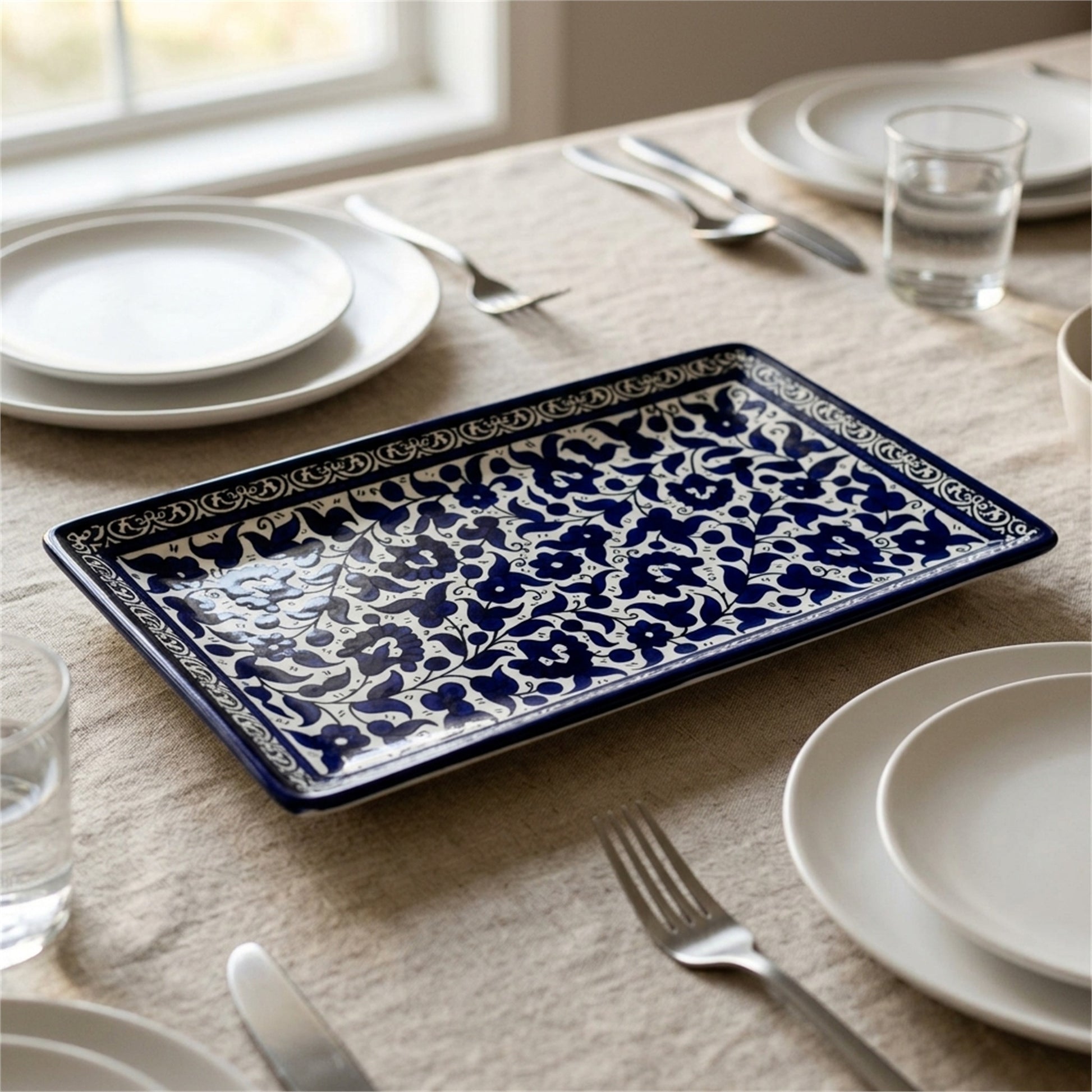 Rectangular Serving Platter 12.6 Inch in Indigo, styled on a set table