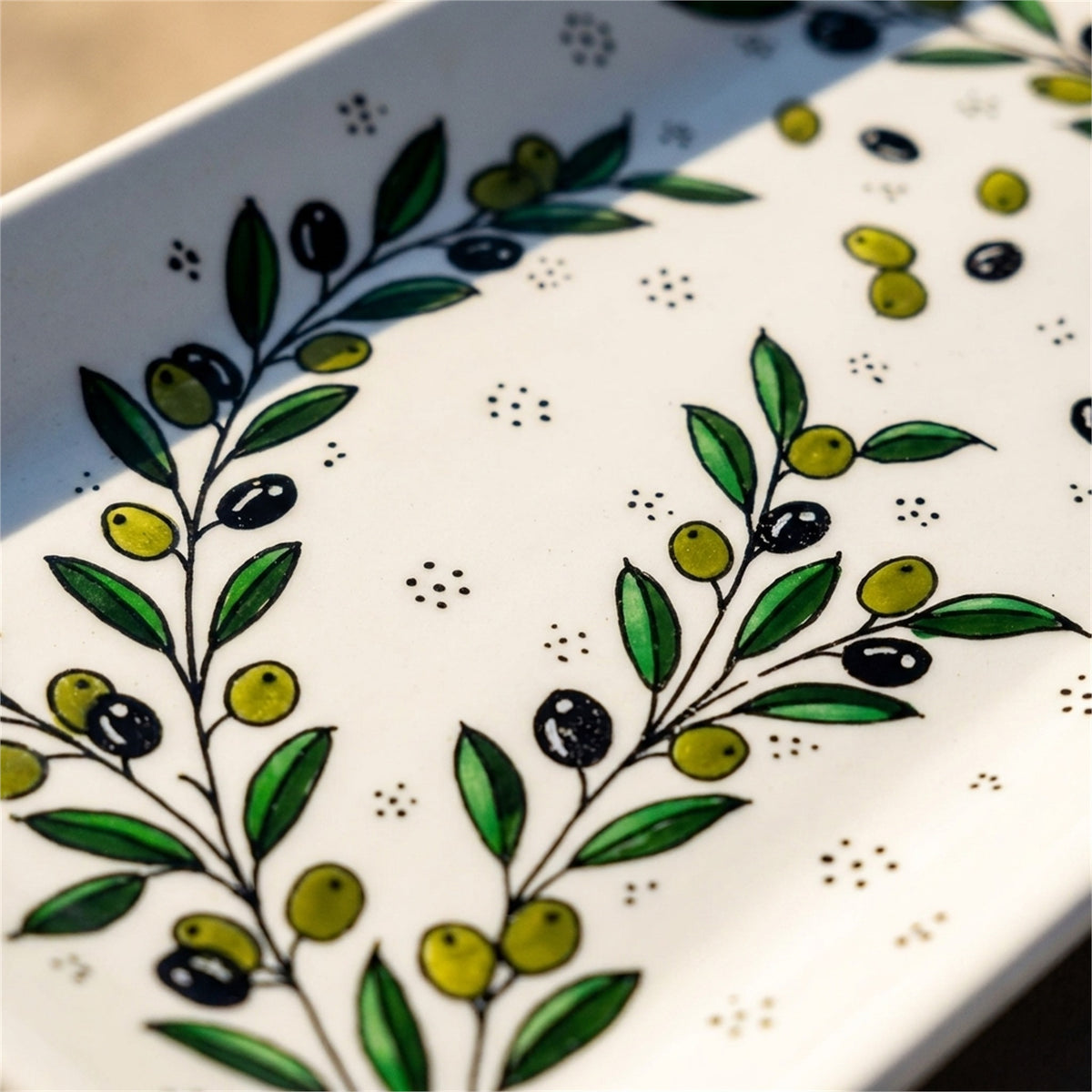 Rectangular Serving Platter 12.6 Inch in Olive Green, close-up of the hand-painted detail