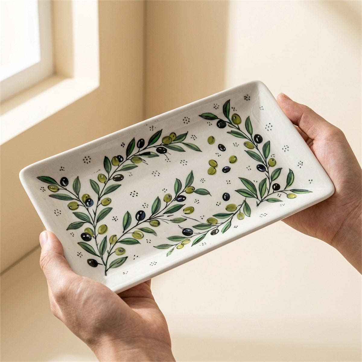 Rectangular Serving Platter 12.6 Inch in Olive Green, held in hands to show scale