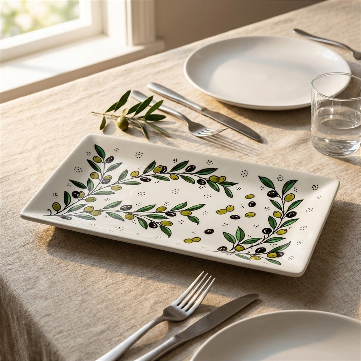 Rectangular Serving Platter 12.6 Inch in Olive Green, styled on a set table