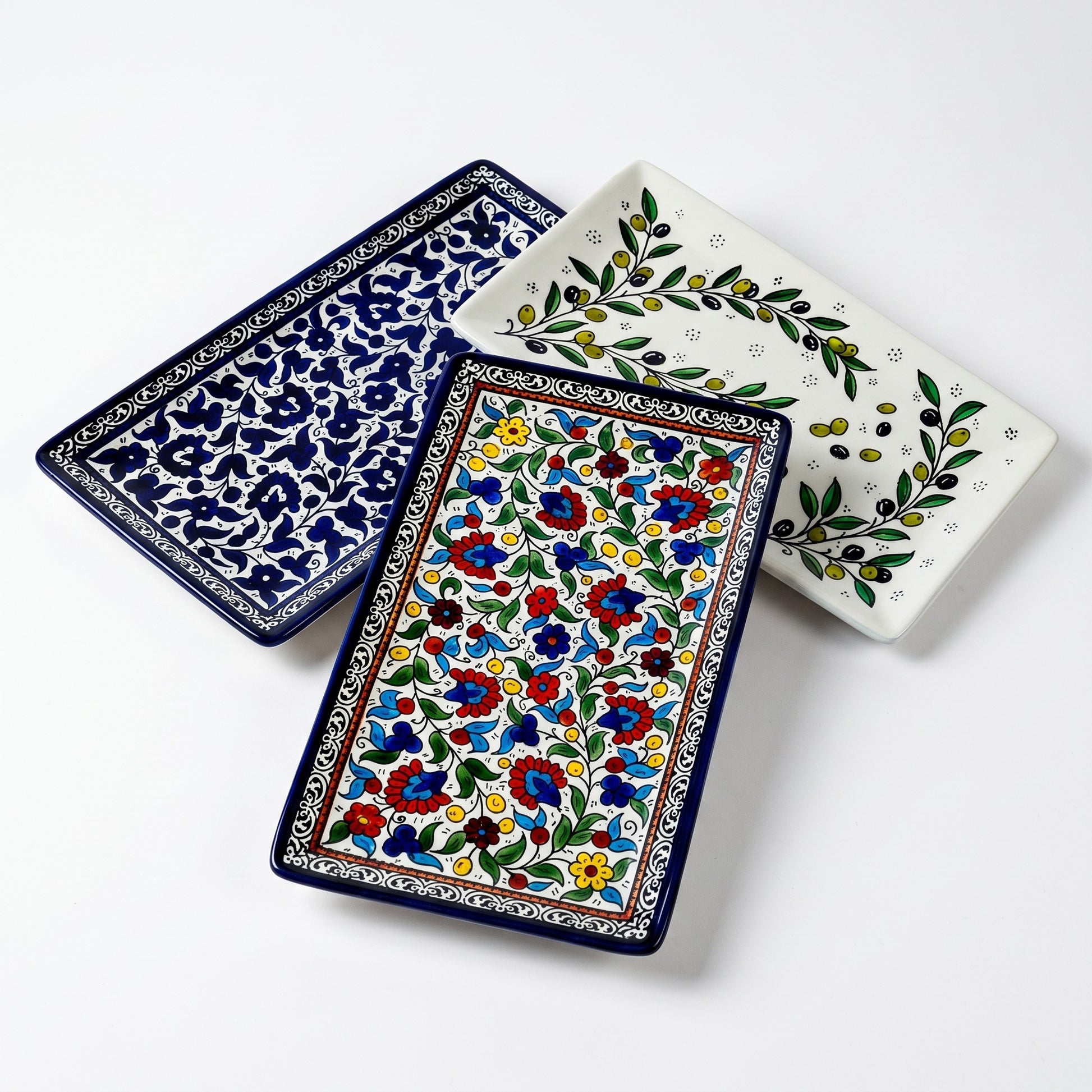 Rectangular Serving Platter 12.6 Inch shown in all three hand-painted patterns