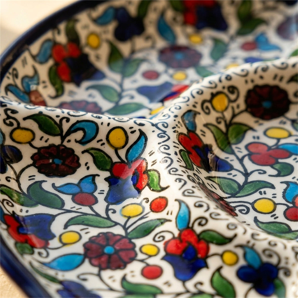 Round Ceramic 5-Section Serving Set 9.45 Inch in Floral, close-up of the hand-painted detail