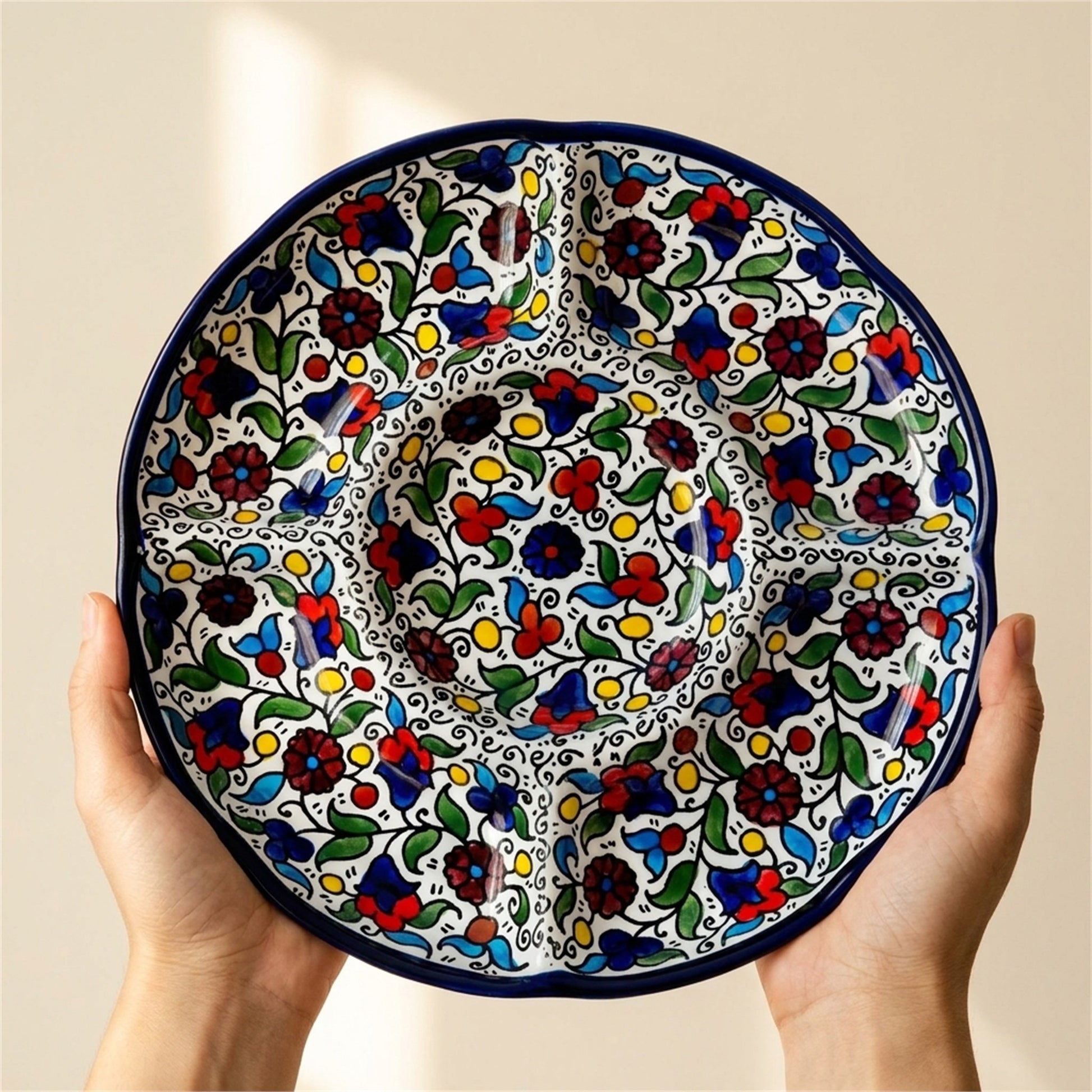 Round Ceramic 5-Section Serving Set 9.45 Inch in Floral, held in hands to show scale