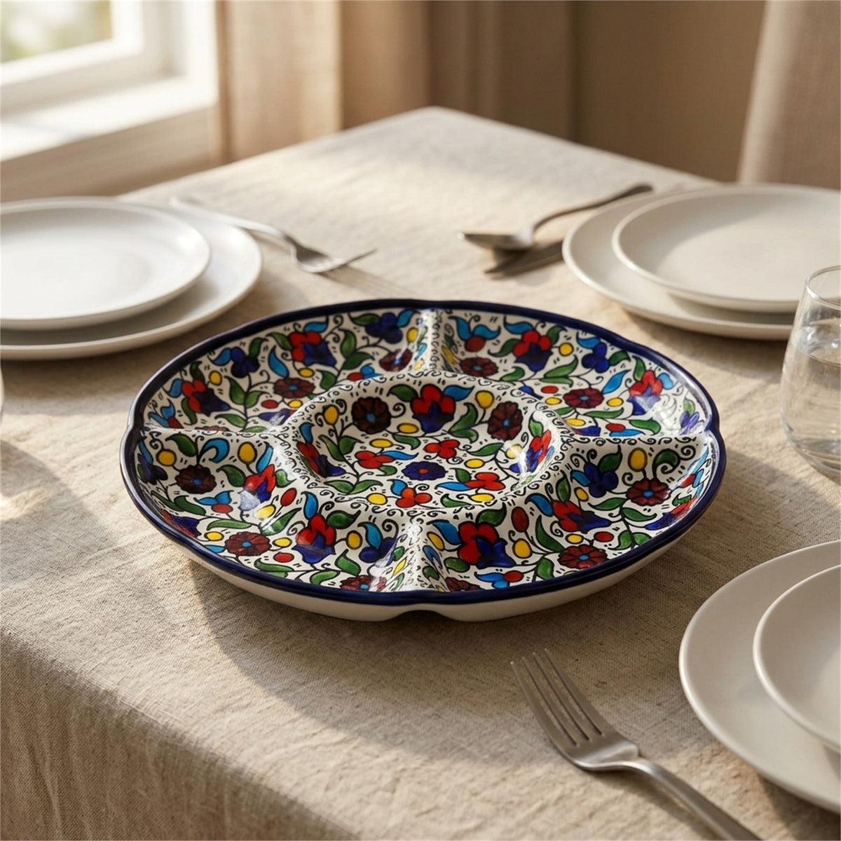 Round Ceramic 5-Section Serving Set 9.45 Inch in Floral, styled on a set table
