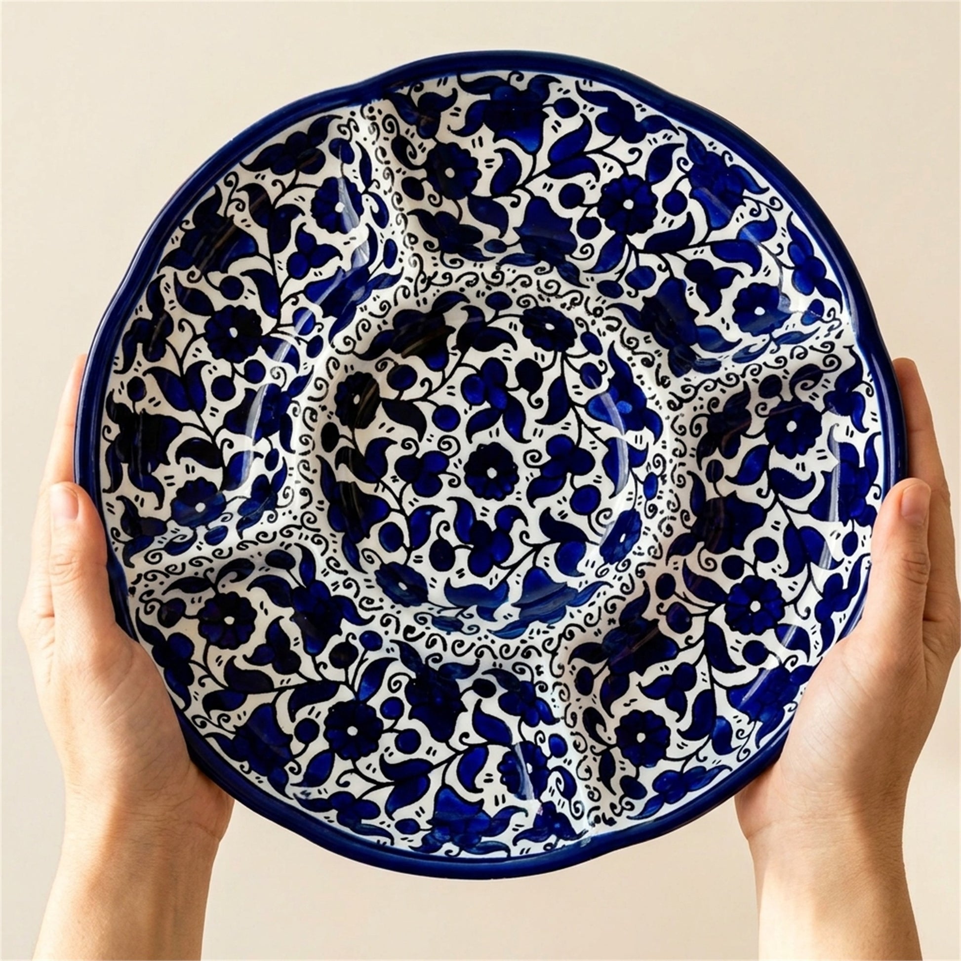 Round Ceramic 5-Section Serving Set 9.45 Inch in Indigo, held in hands to show scale