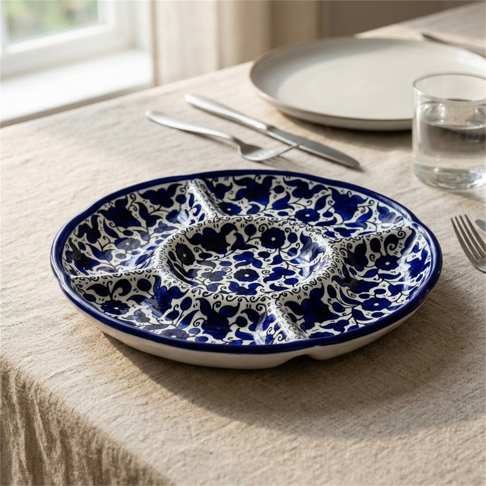 Round Ceramic 5-Section Serving Set 9.45 Inch in Indigo, styled on a set table