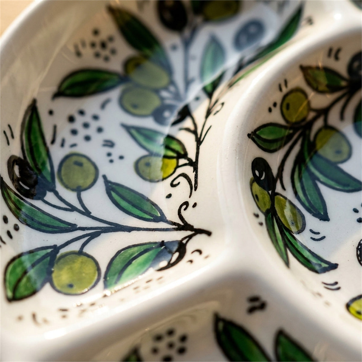 Round Ceramic 5-Section Serving Set 9.45 Inch in Olive Green, close-up of the hand-painted detail