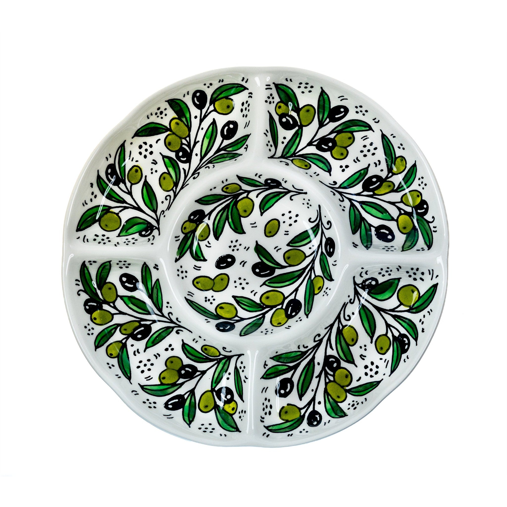 Round Ceramic 5-Section Serving Set 9.45 Inch in Olive Green, seen from above