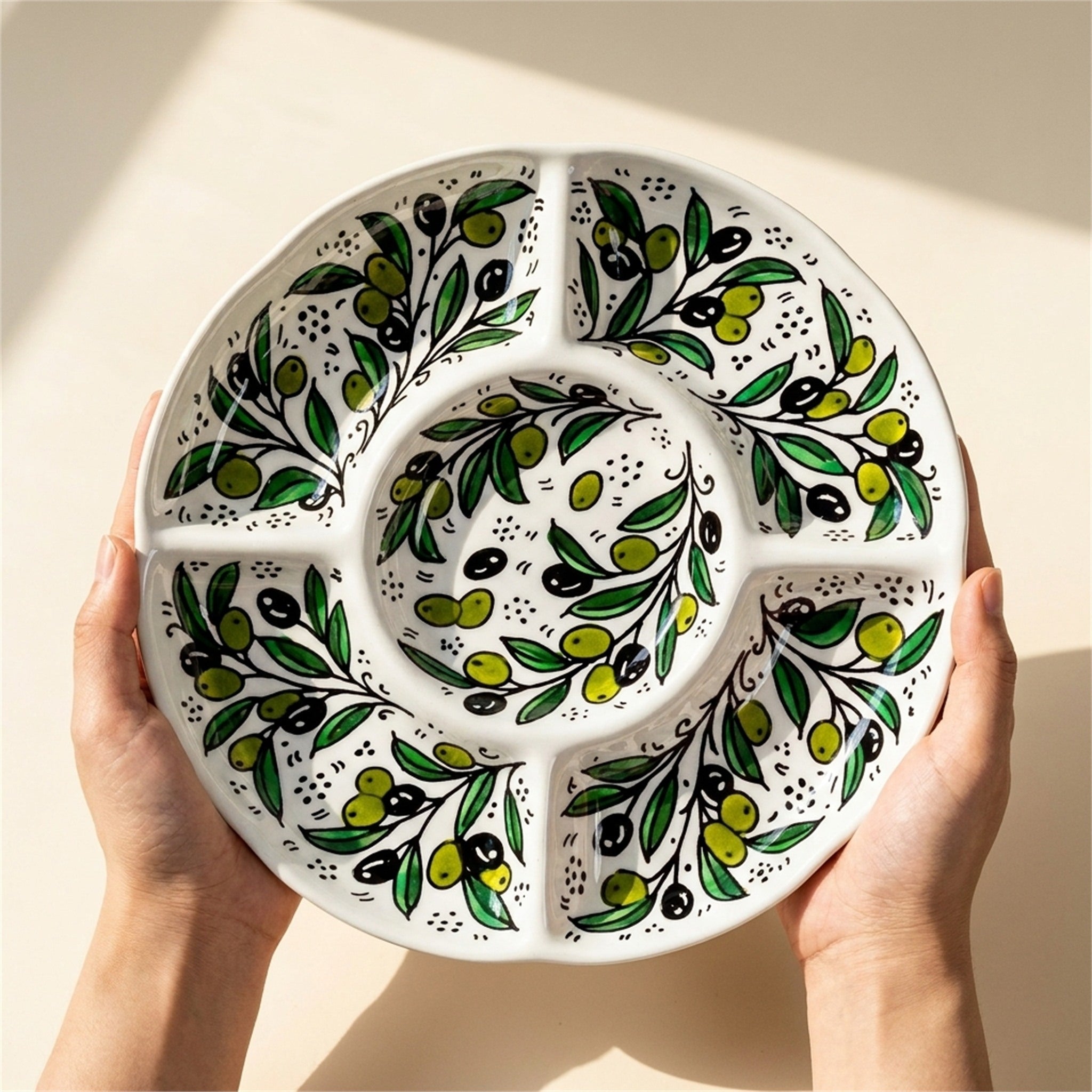 Round Ceramic 5-Section Serving Set 9.45 Inch in Olive Green, held in hands to show scale