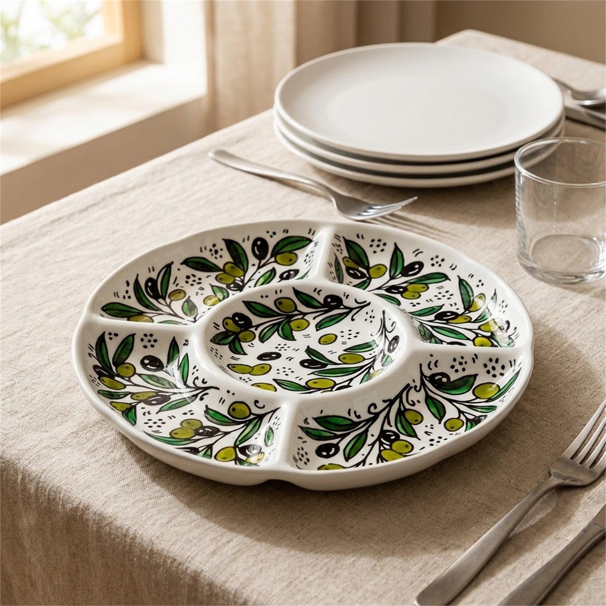 Round Ceramic 5-Section Serving Set 9.45 Inch in Olive Green, styled on a set table