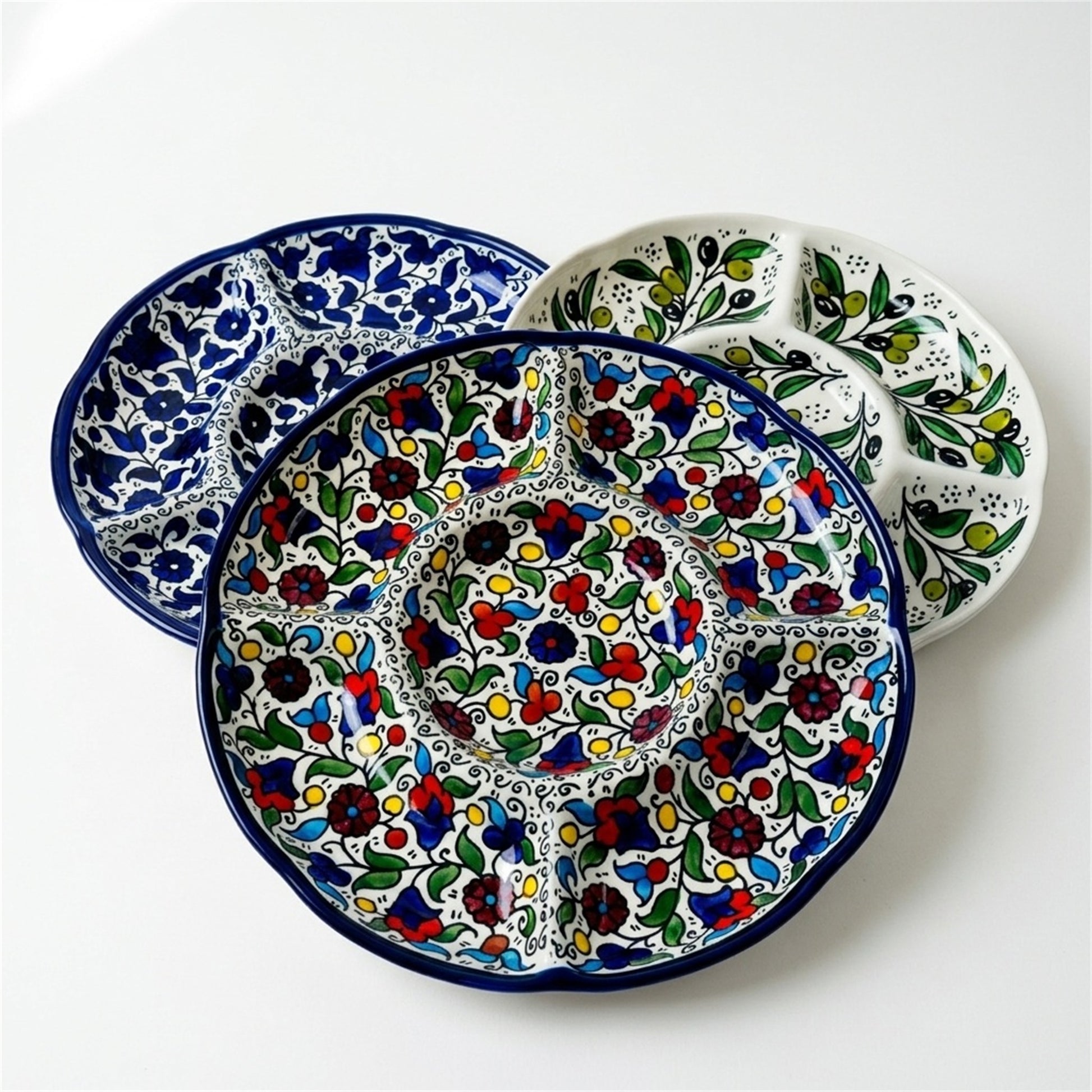Round Ceramic 5-Section Serving Set 9.45 Inch shown in all three hand-painted patterns