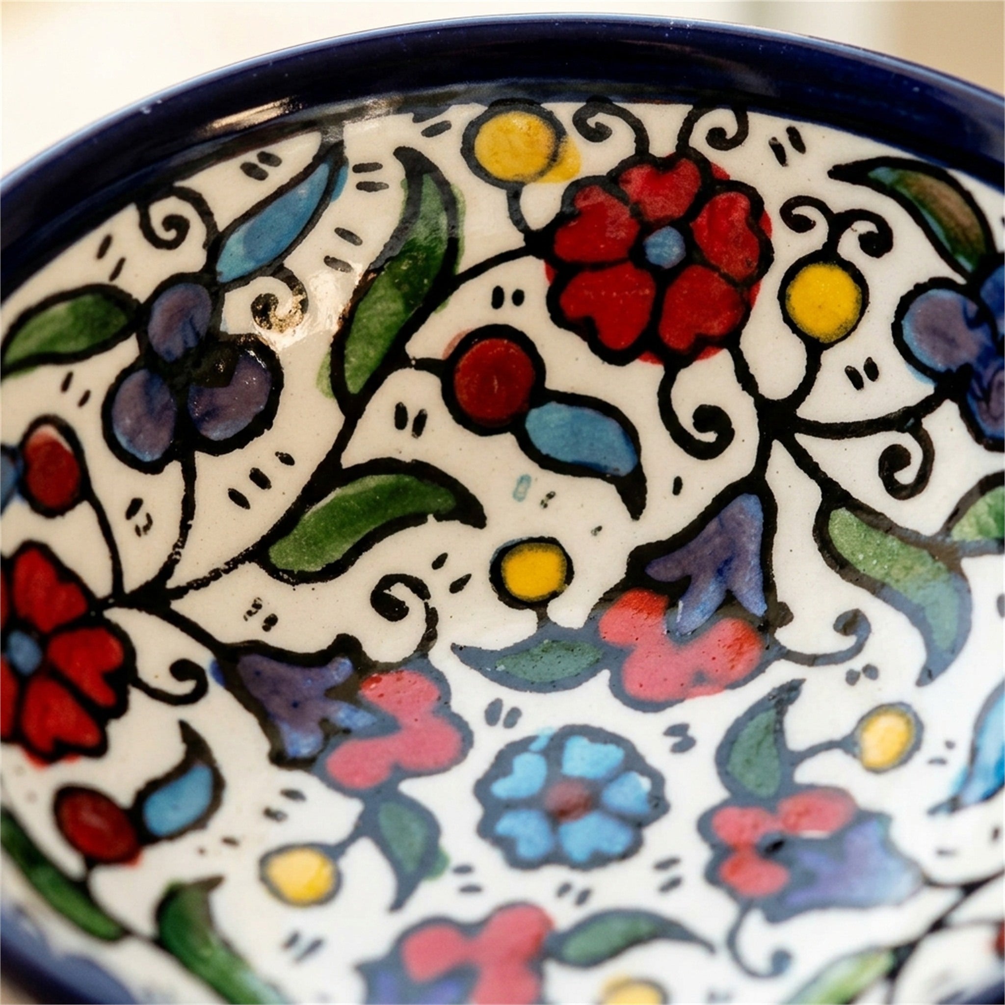 Round Ceramic Serving Bowl 3.54 Inch in Floral, close-up of the hand-painted detail