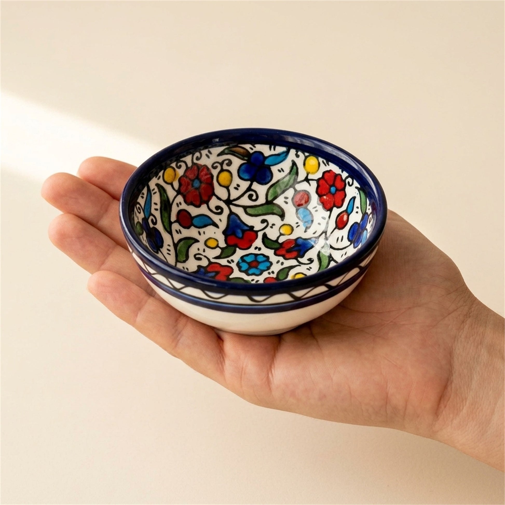 Round Ceramic Serving Bowl 3.54 Inch in Floral, held in hands to show scale