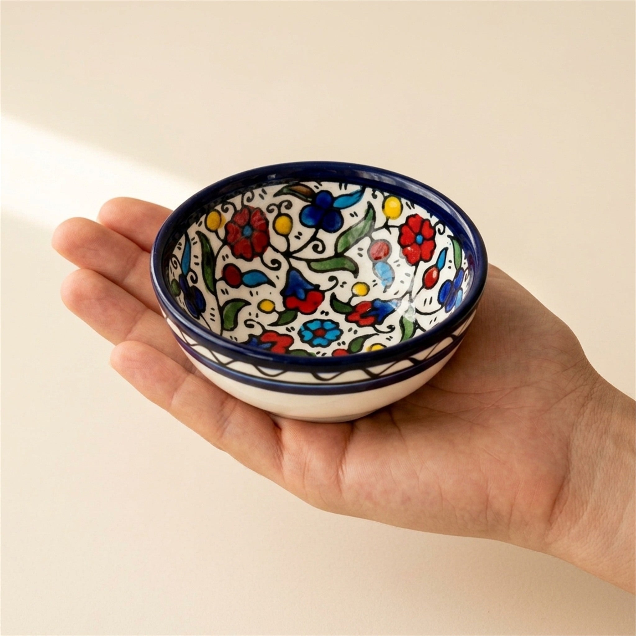 Round Ceramic Serving Bowl 3.54 Inch in Floral, held in hands to show scale