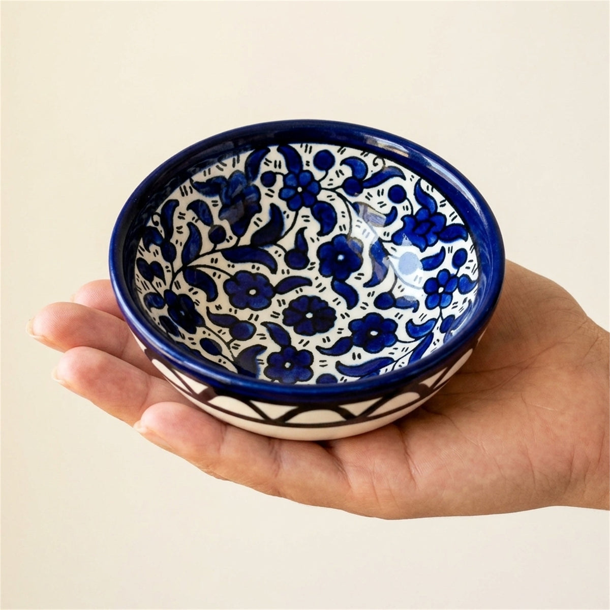 Round Ceramic Serving Bowl 3.54 Inch in Indigo, held in hands to show scale