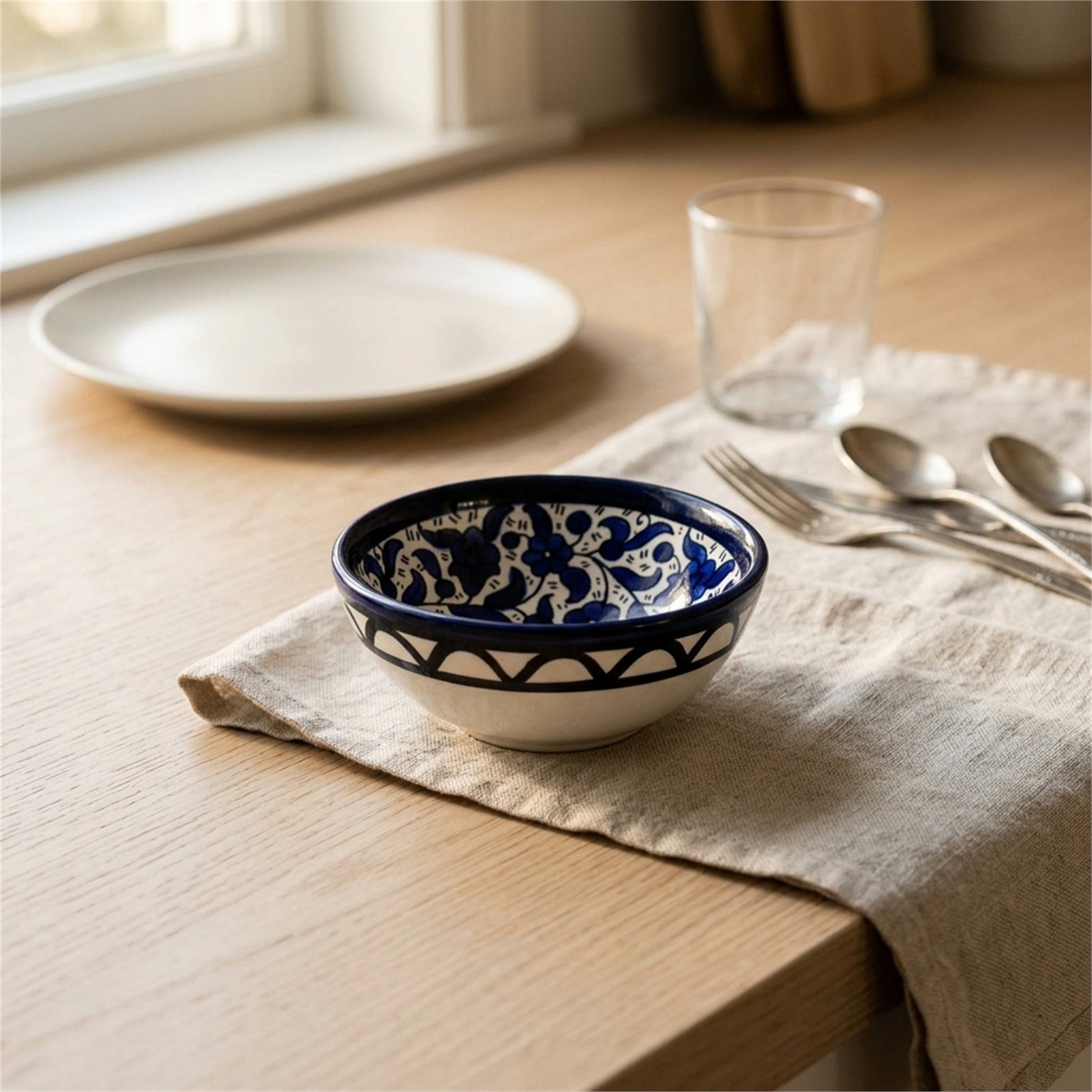 Round Ceramic Serving Bowl 3.54 Inch in Indigo, styled on a set table