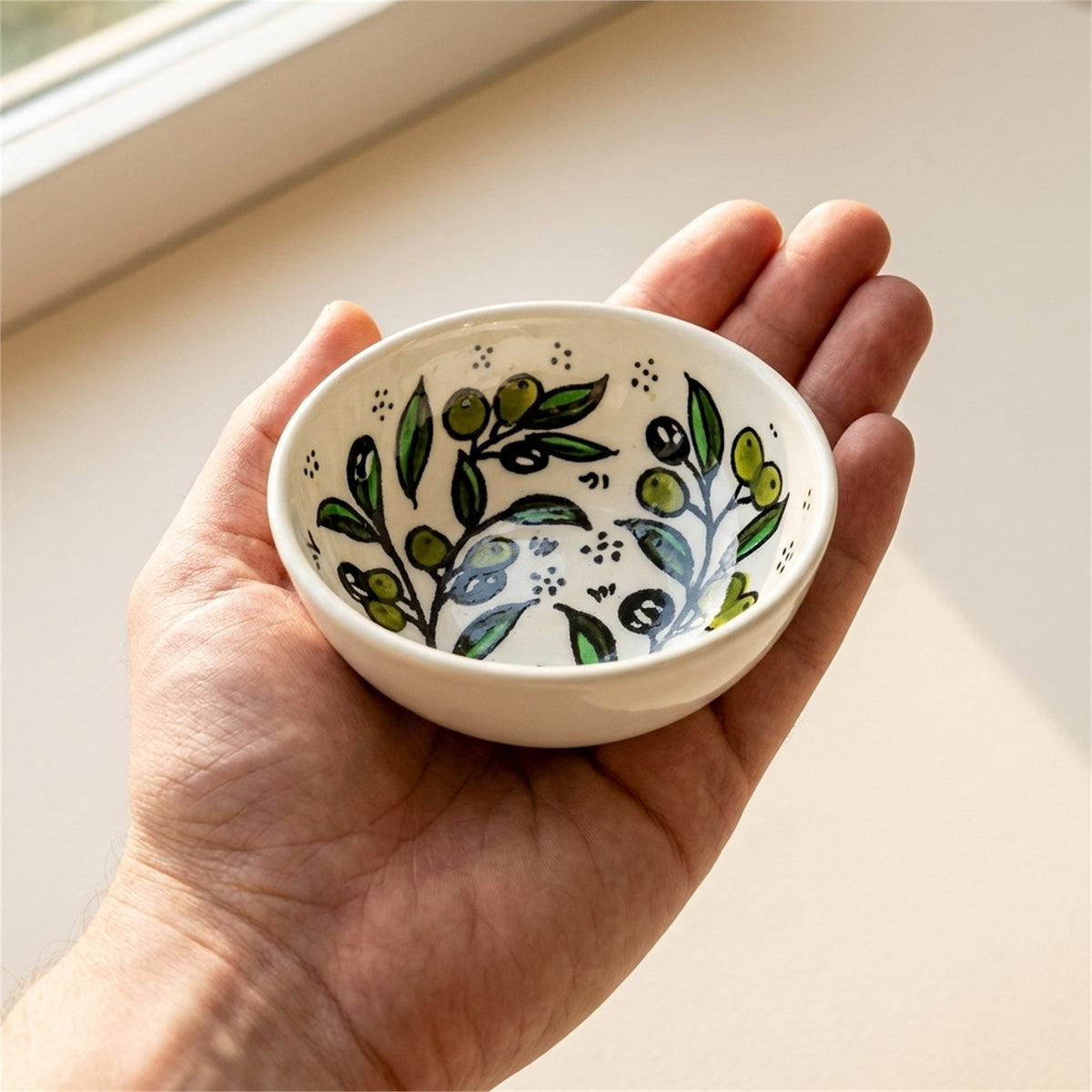 Round Ceramic Serving Bowl 3.54 Inch in Olive Green, held in hands to show scale