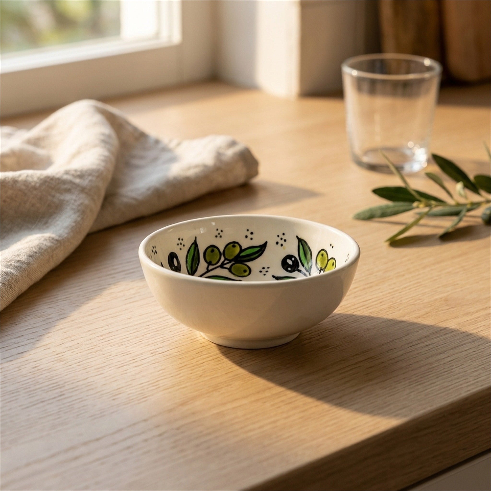 Round Ceramic Serving Bowl 3.54 Inch in Olive Green, styled on a set table